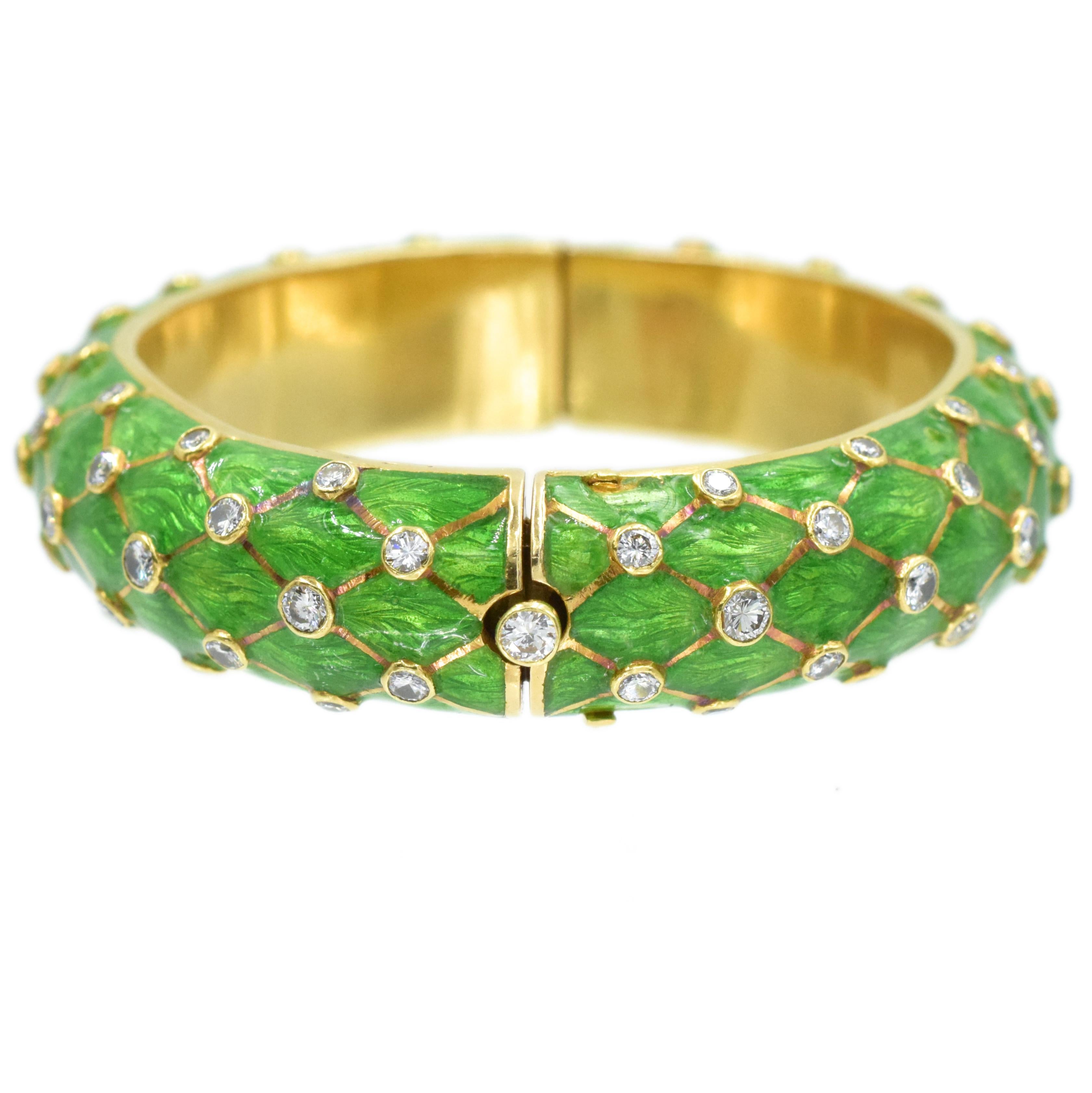Artist Tiffany & Co.  Gold, Green Enamel and Diamond Bangle For Sale
