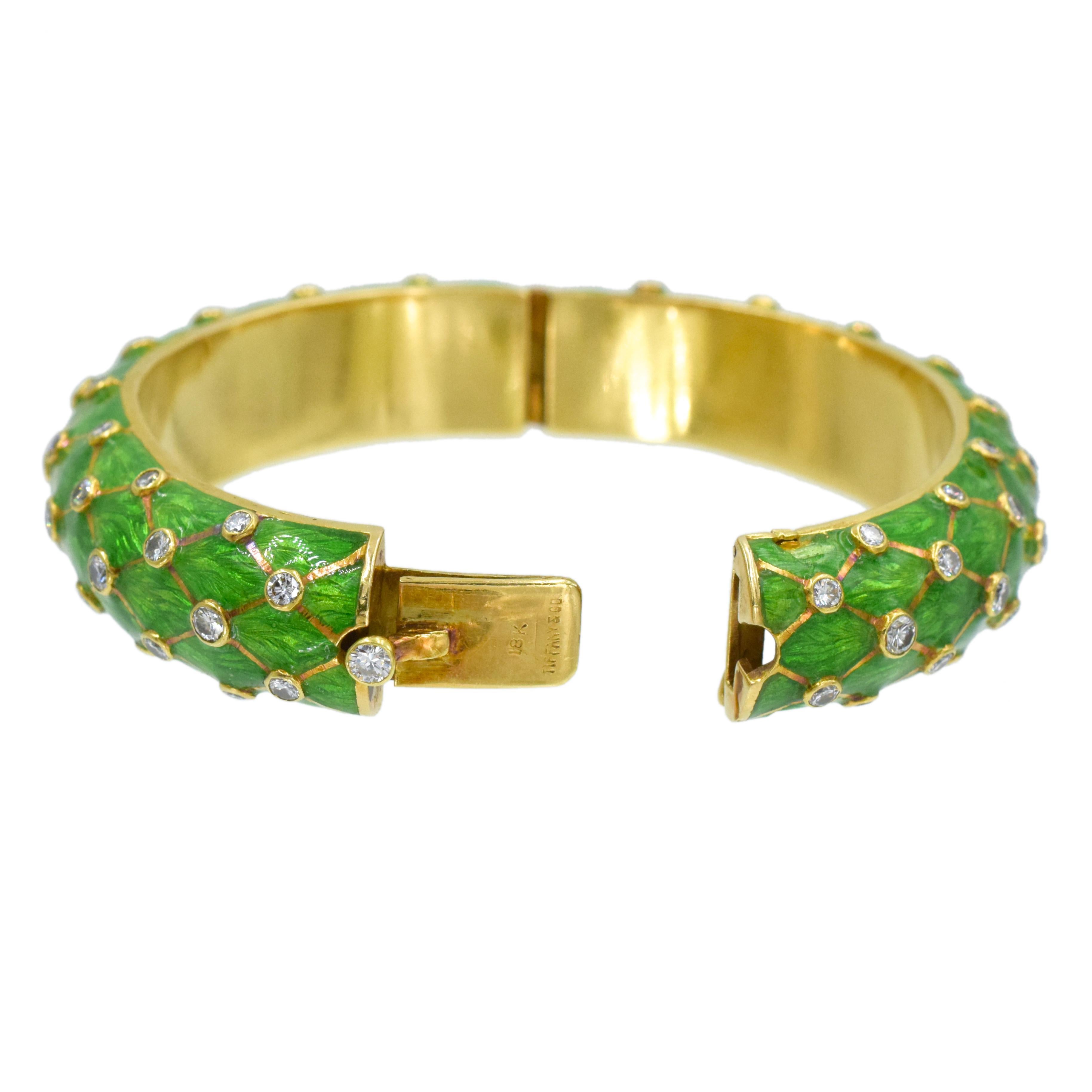 Round Cut Tiffany & Co.  Gold, Green Enamel and Diamond Bangle For Sale