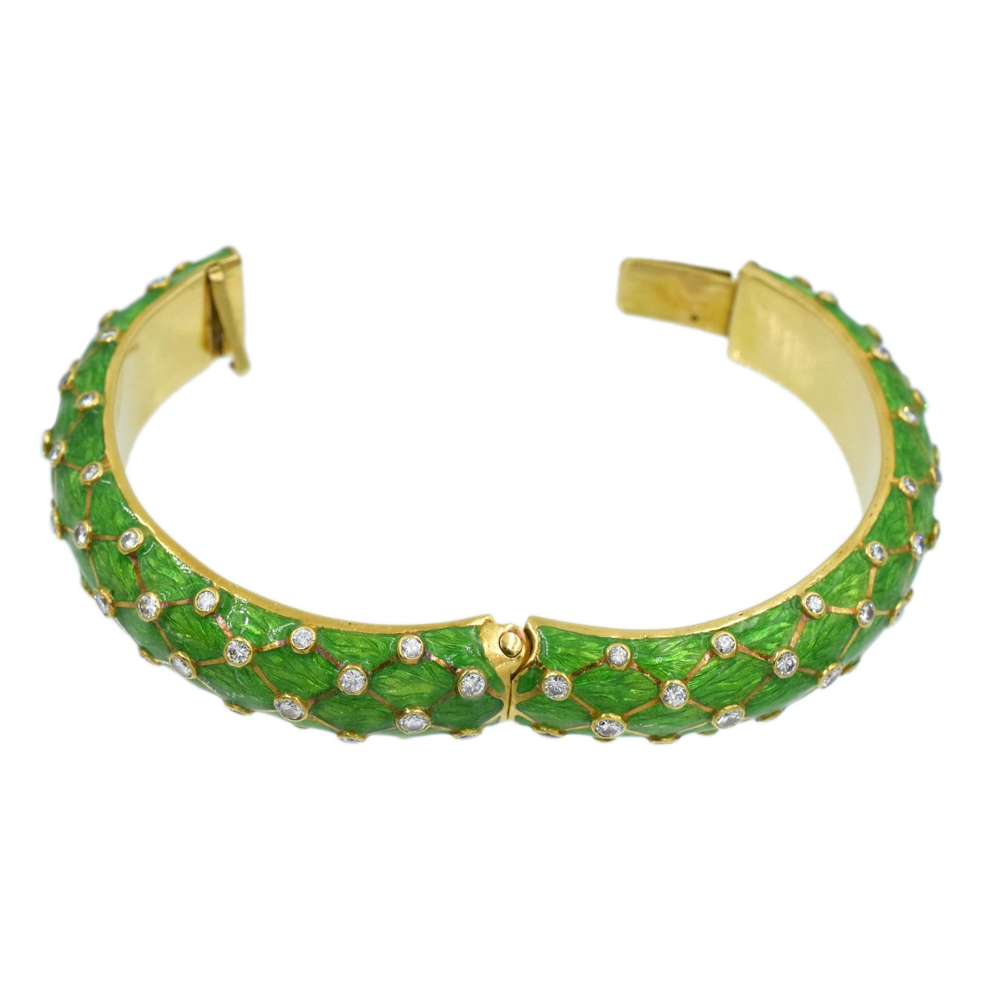 Tiffany & Co.  Gold, Green Enamel and Diamond Bangle In Excellent Condition For Sale In New York, NY