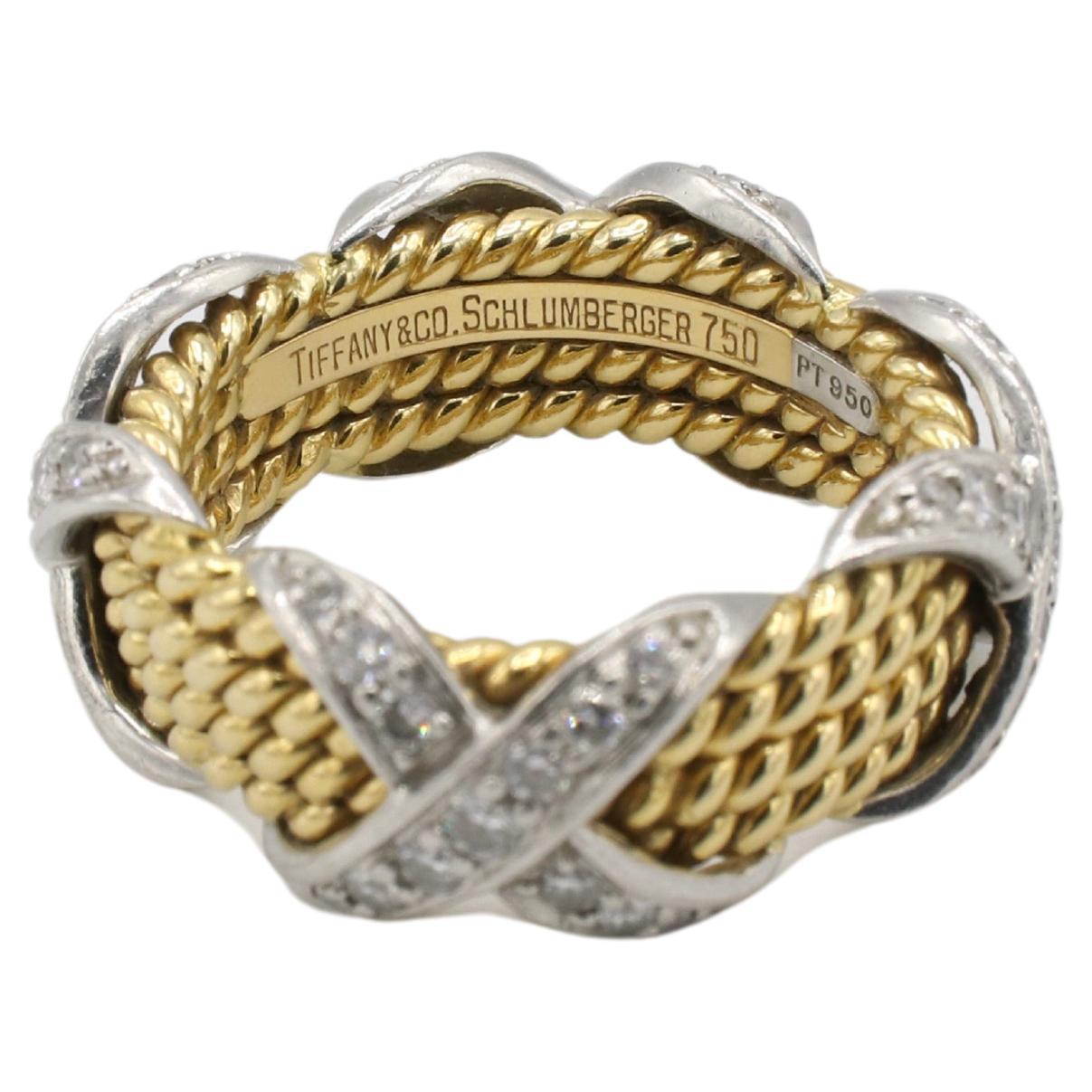 Modern Tiffany & Co. Jean Schlumberger Four-Row Diamond X Band Ring Gold & Platinum  For Sale