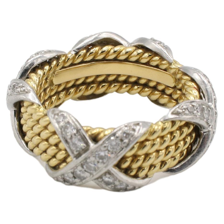 Round Cut Tiffany & Co. Jean Schlumberger Four-Row Diamond X Band Ring Gold & Platinum  For Sale