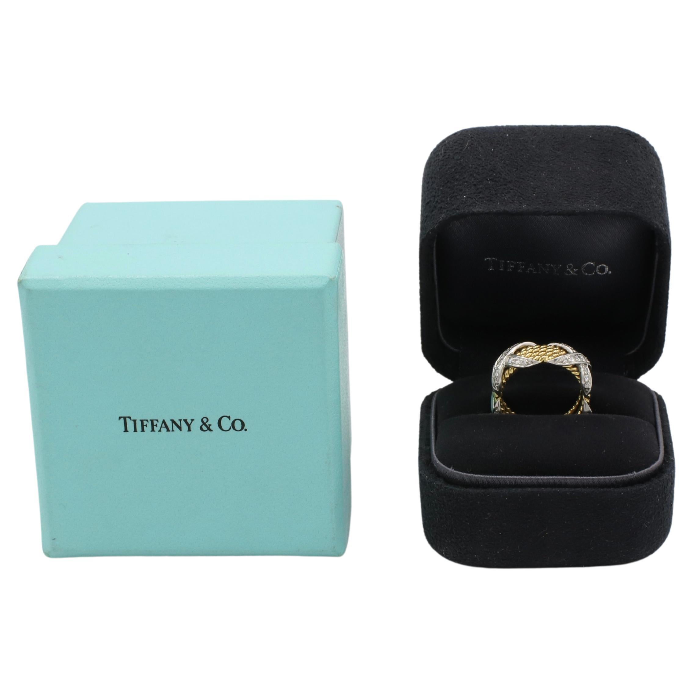 Women's Tiffany & Co. Jean Schlumberger Four-Row Diamond X Band Ring Gold & Platinum  For Sale