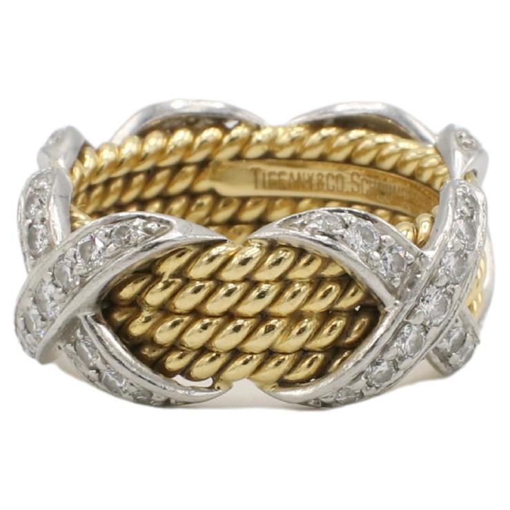 Tiffany & Co. Jean Schlumberger Four-Row Diamond X Band Ring Gold & Platinum  For Sale