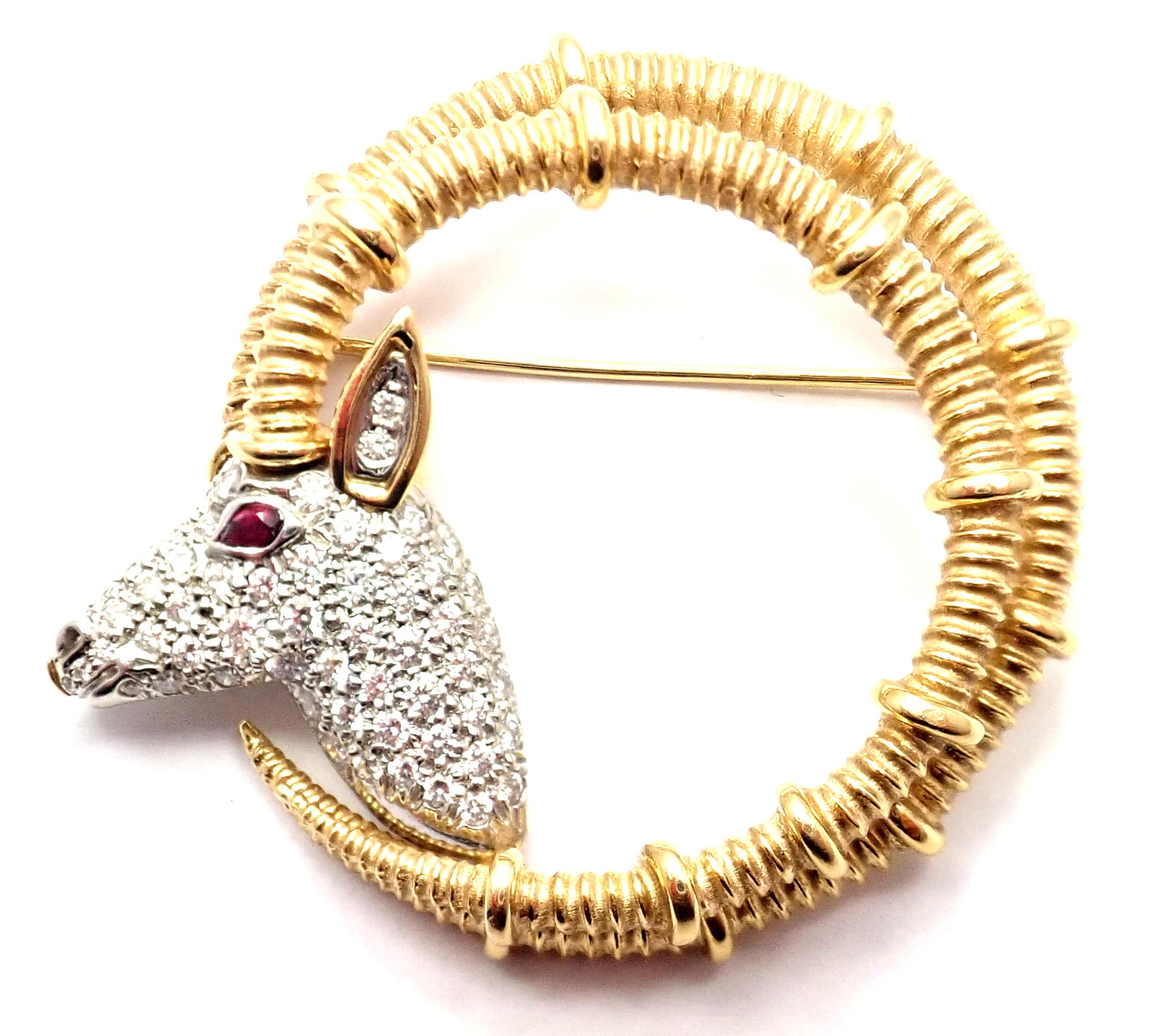 Tiffany & Co. Jean Schlumberger Ibex Diamond Ruby Gold Platinum Pin Brooch In Excellent Condition In Holland, PA