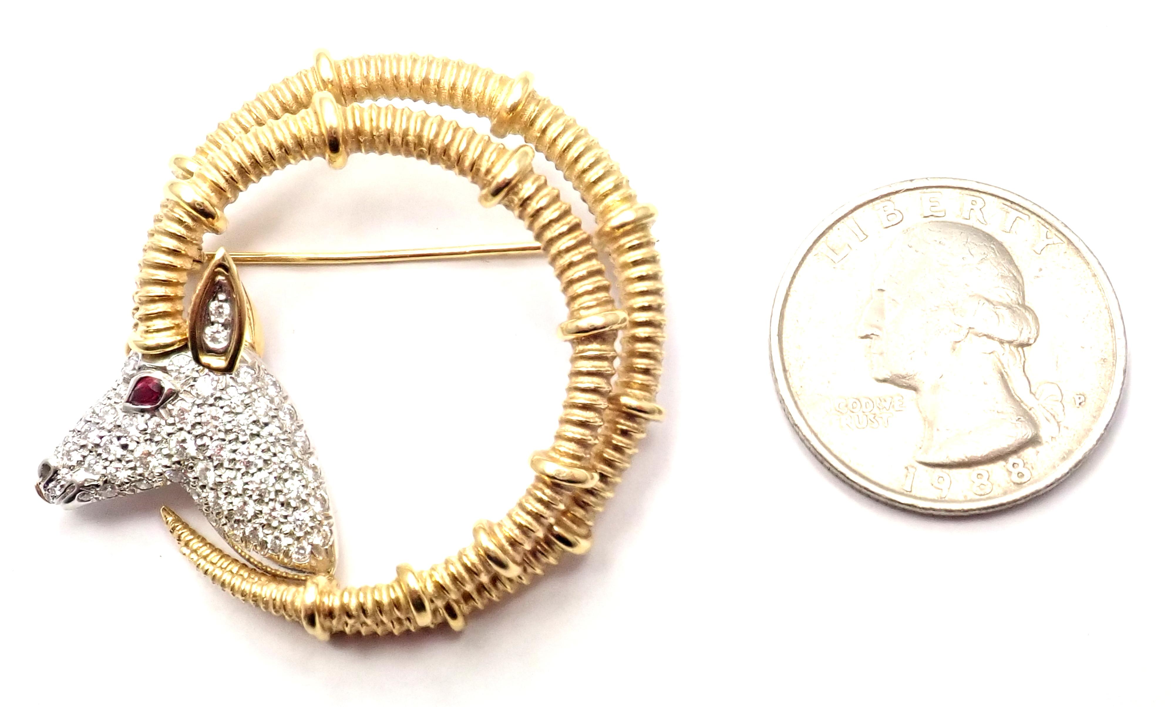 Women's or Men's Tiffany & Co. Jean Schlumberger Ibex Diamond Ruby Gold Platinum Pin Brooch