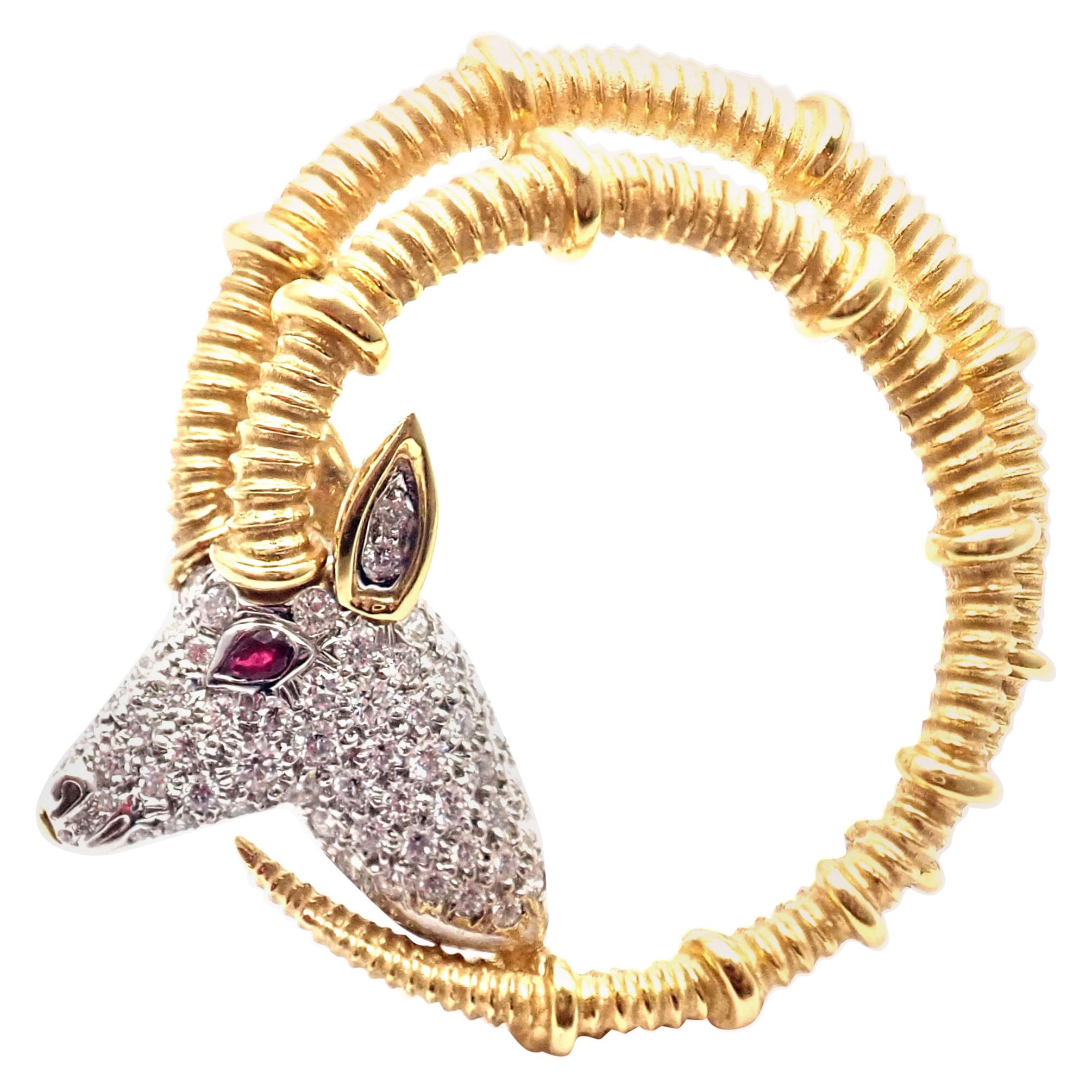 Tiffany & Co. Jean Schlumberger Ibex Diamond Ruby Gold Platinum Pin Brooch