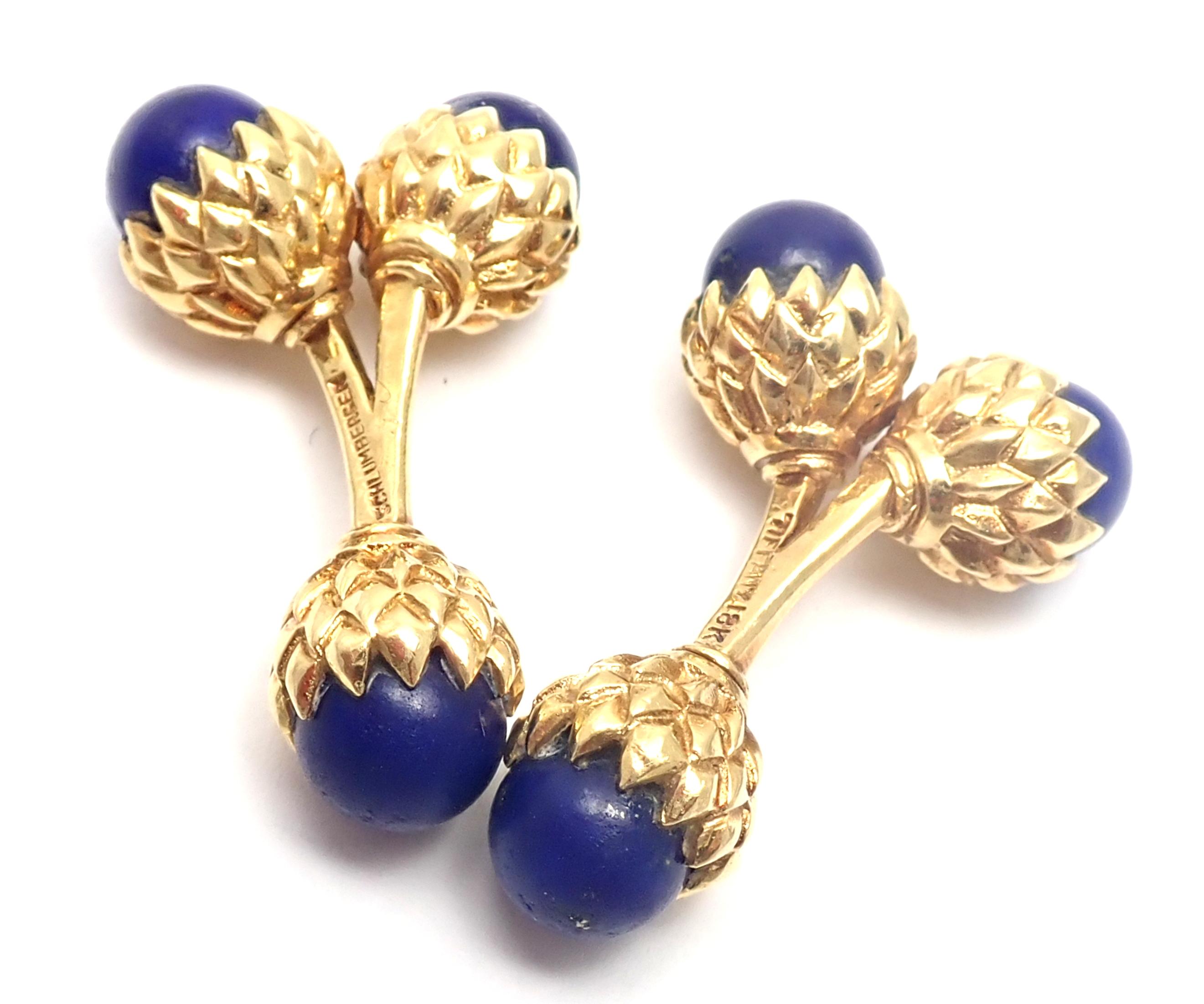 18k Yellow Lapis Lazuli Jean Schlumberger Double Acorn Cufflinks 
for Tiffany & Co. 
With 6 lapis lazuli stones 
Details: 
Dimensions: 31mm x 19mm x 19mm
Weight: 15.6 grams
Stamped Hallmarks: Tiffany Schlumberger 18k
*Free Shipping within the United