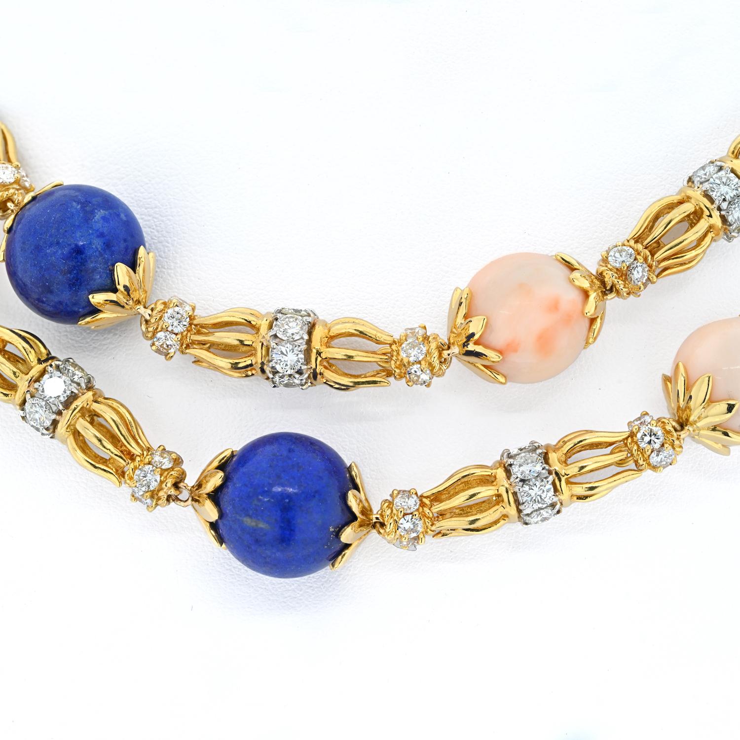 Modern Tiffany & Co. Jean Schlumberger One Long Strand Lapis Coral And Diamond Necklace