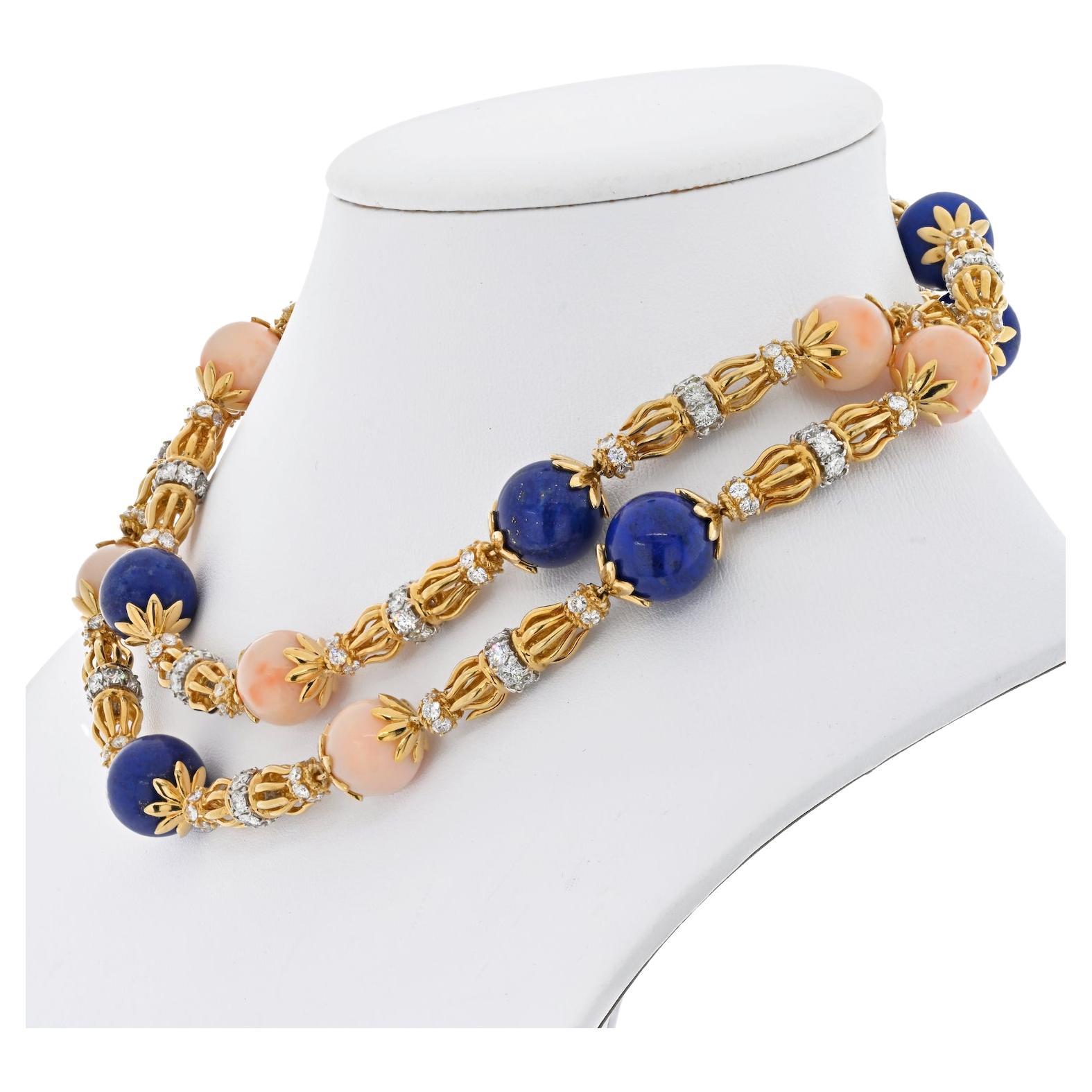 Gorgeous strand necklace: Tiffany & Co. Jean Schlumberger One Long Strand Lapis Coral And Diamond Necklace. Made in 18k yellow gold and diamonds are set in platinum. A rare jewel item that you won't see around.

Excellent condition. The articulated