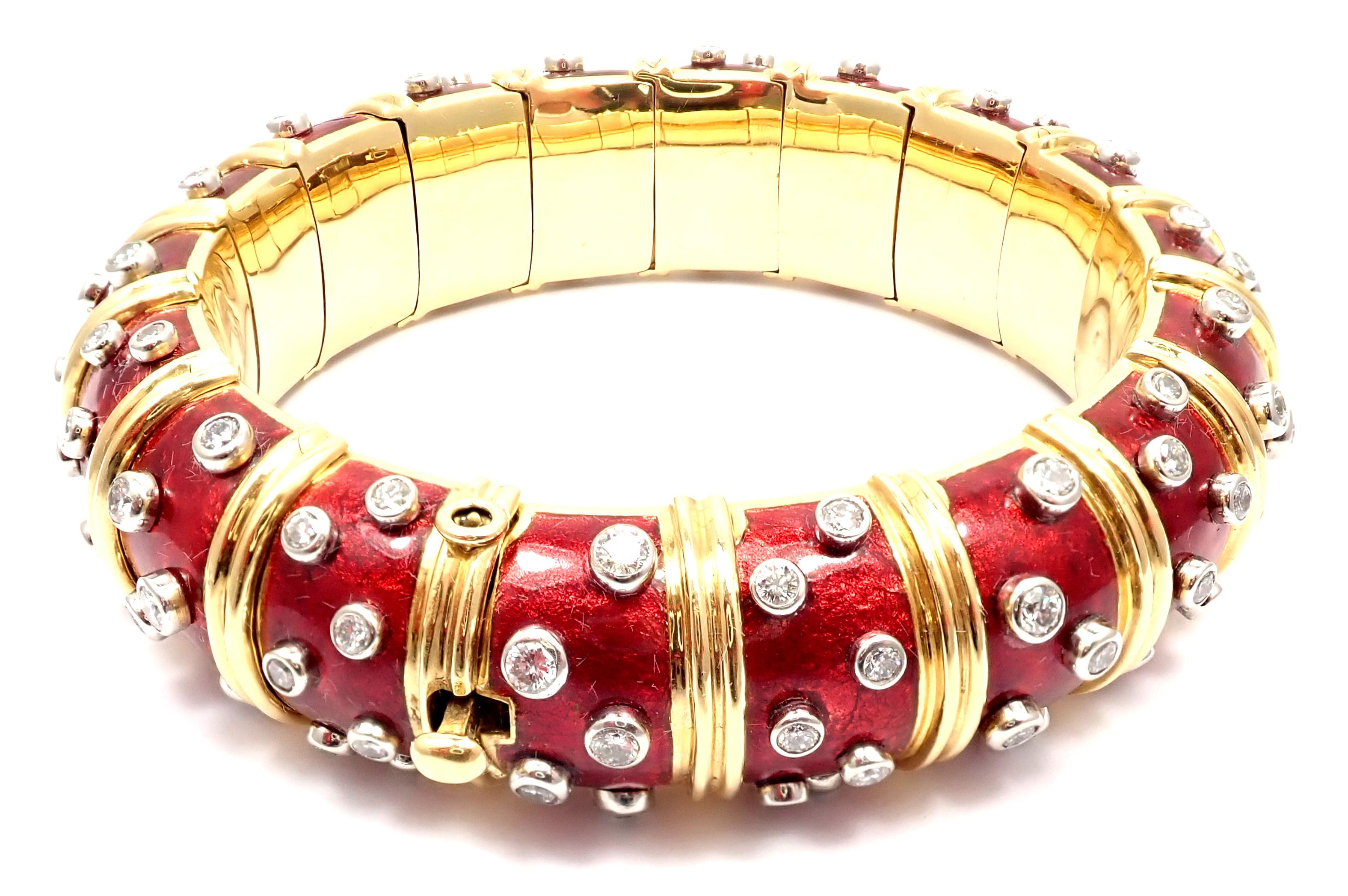 18k Yellow Gold Diamond Paillonne Red Enamel Wide Bangle Bracelet by Jean Schlumberger for Tiffany & Co.
With 108 round brilliant cut diamonds VS1 clarity, E color at a total diamond weight approximately 8ct.
Measurements:
Length: 7