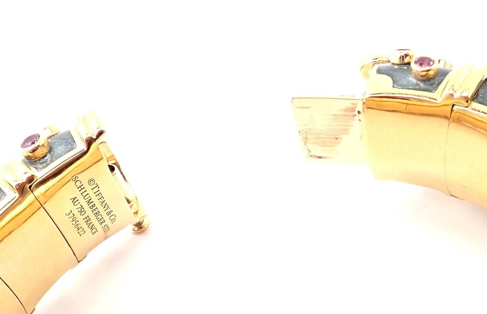 Brilliant Cut Tiffany & Co. Jean Schlumberger Pink Sapphire Enamel Yellow Gold Bangle Bracelet