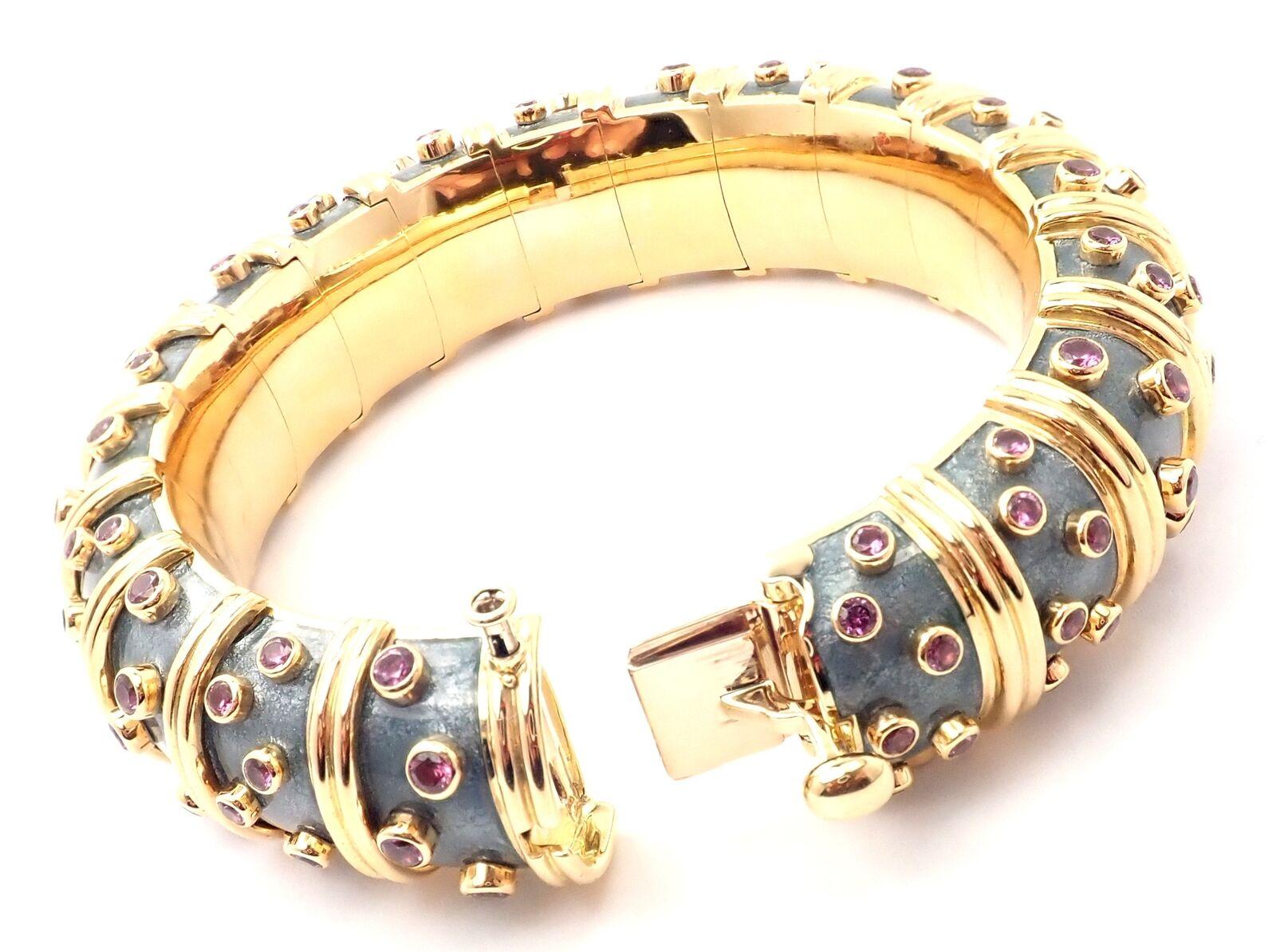 Tiffany & Co. Jean Schlumberger Pink Sapphire Enamel Yellow Gold Bangle Bracelet In Excellent Condition In Holland, PA