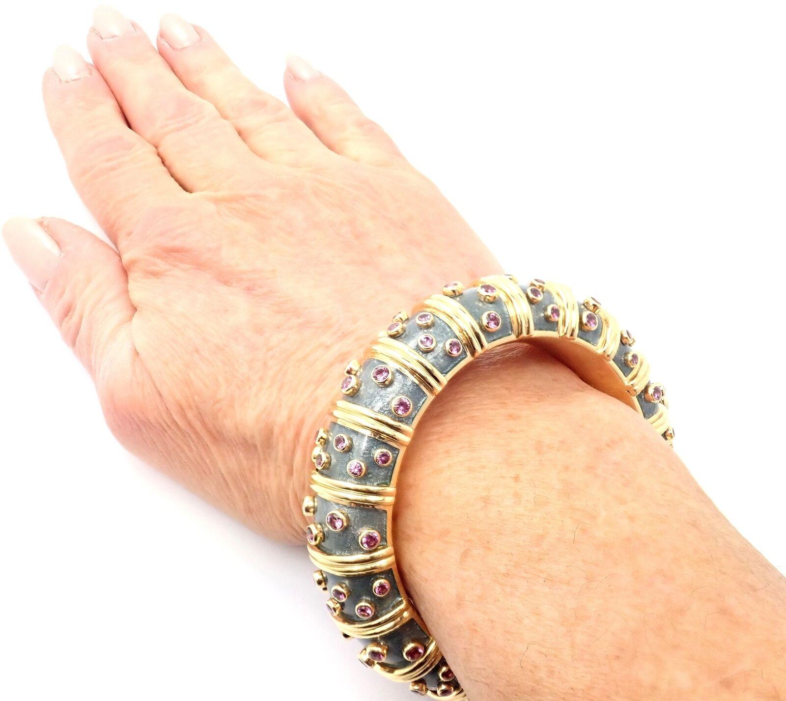 Women's or Men's Tiffany & Co. Jean Schlumberger Pink Sapphire Enamel Yellow Gold Bangle Bracelet