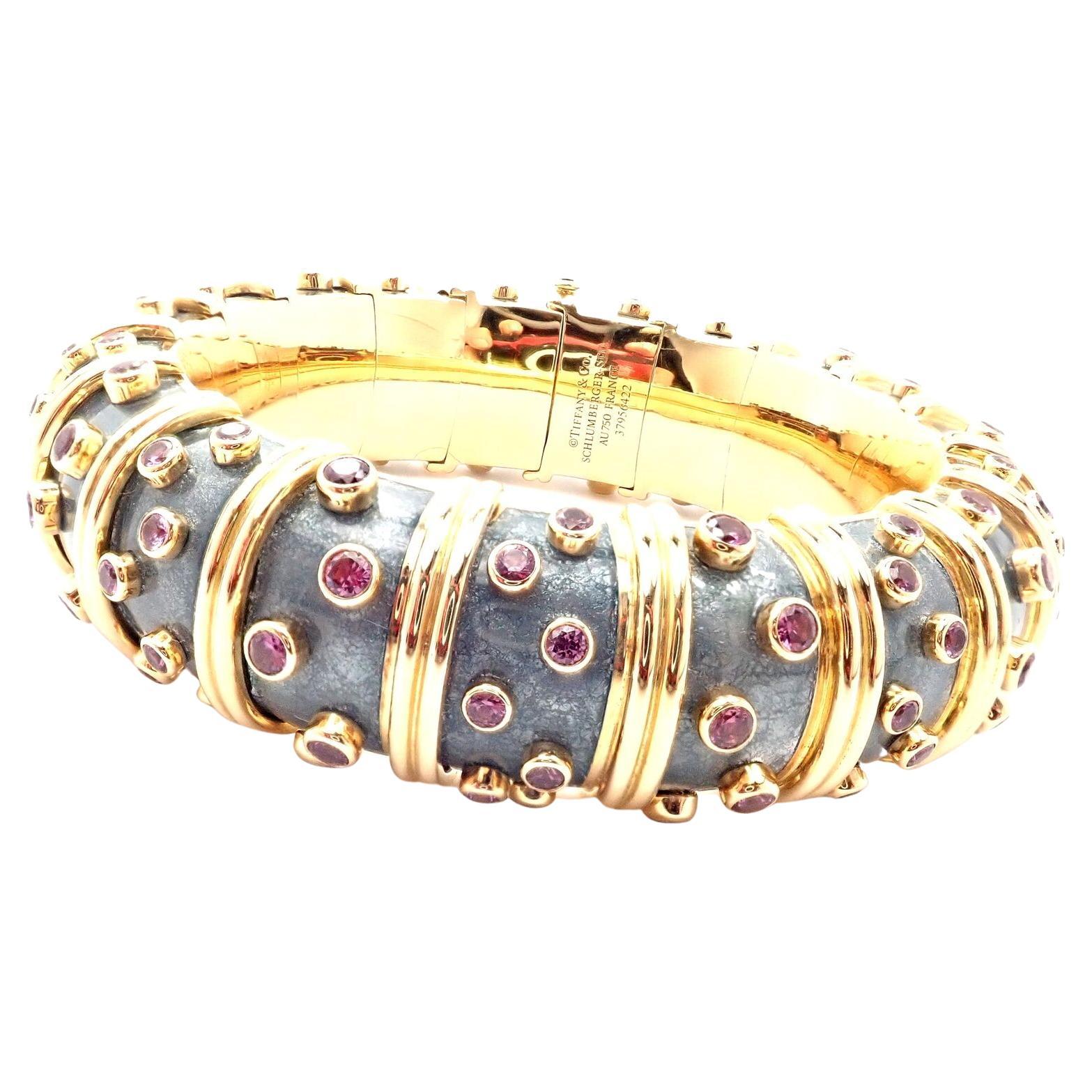 Tiffany & Co. Jean Schlumberger Pink Sapphire Enamel Yellow Gold Bangle Bracelet