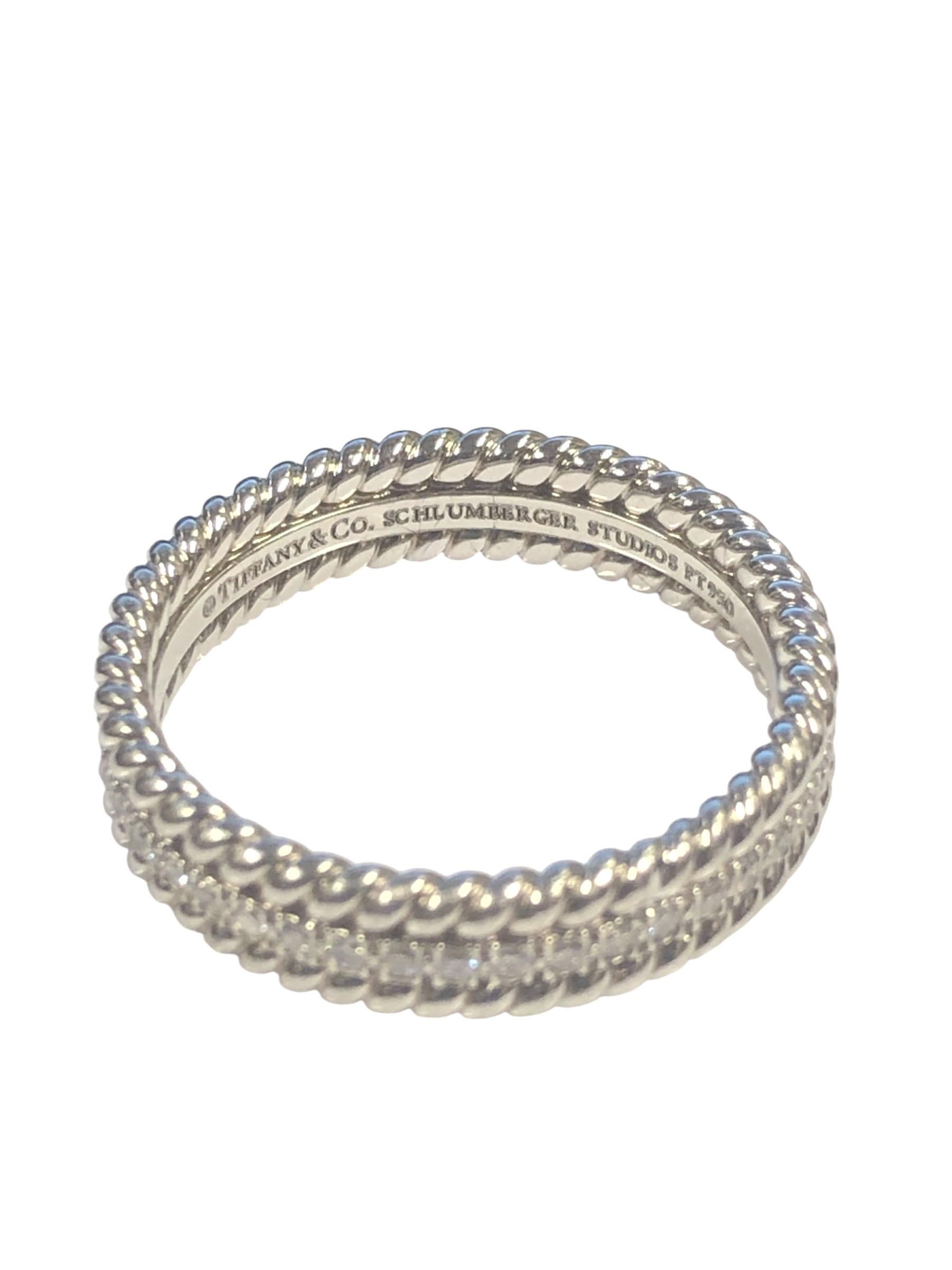 Tiffany & Co Jean Schlumberger Platinum Diamond Rope Border Band Ring In Excellent Condition For Sale In Chicago, IL