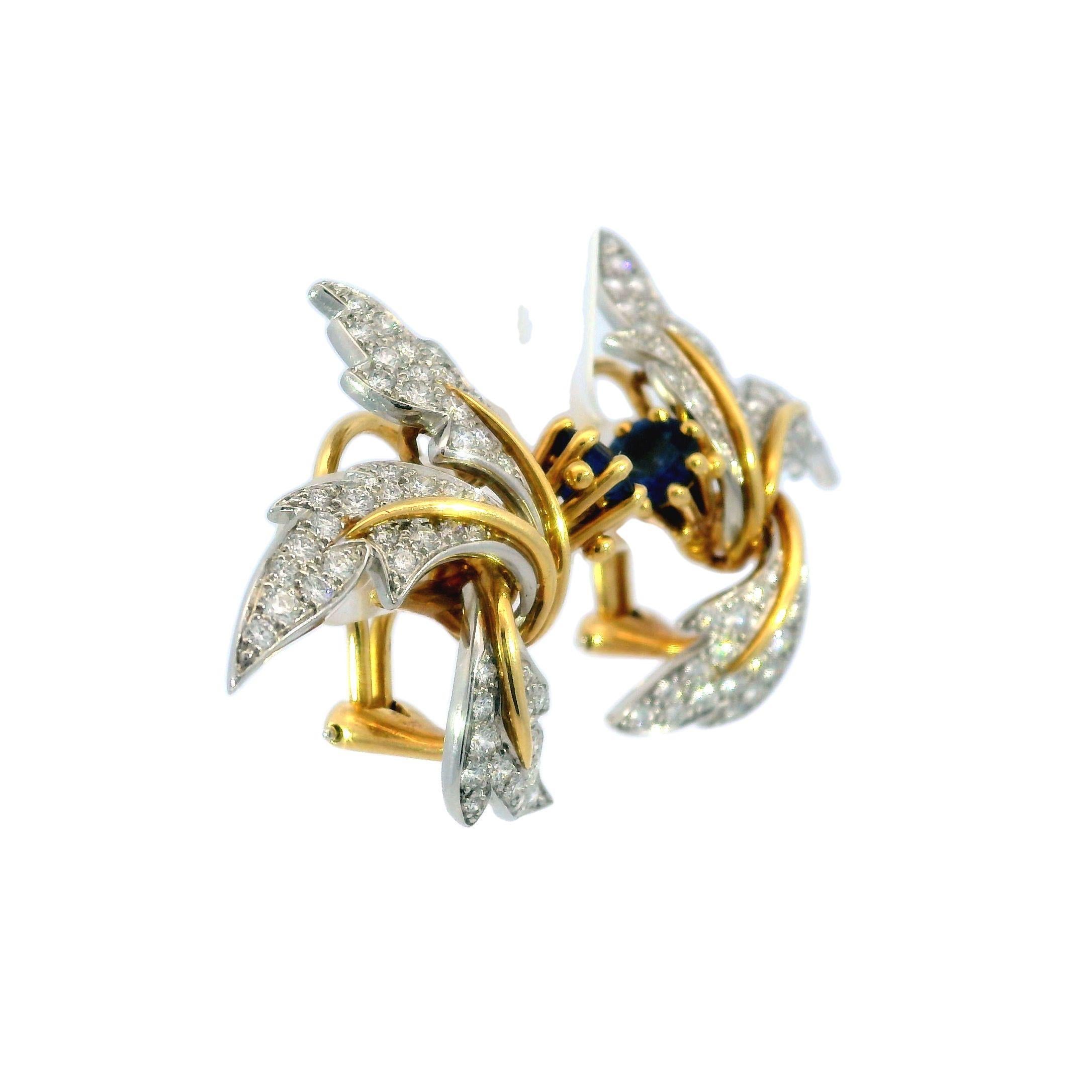 Tiffany & Co. Jean Schlumberger Platinum Gold Diamond Sapphire Floral Earrings 2