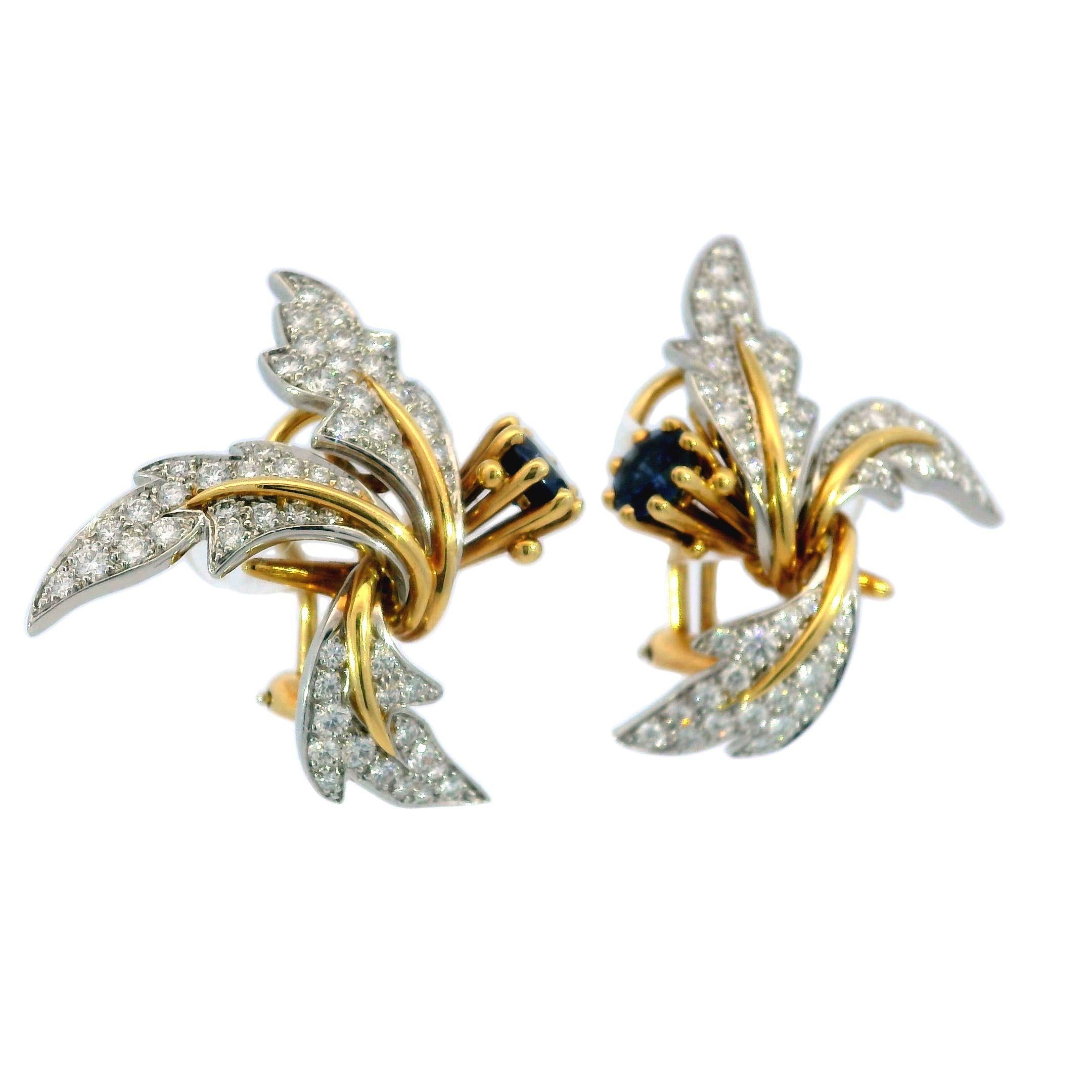 Tiffany & Co. Jean Schlumberger Platinum Gold Diamond Sapphire Floral Earrings 3