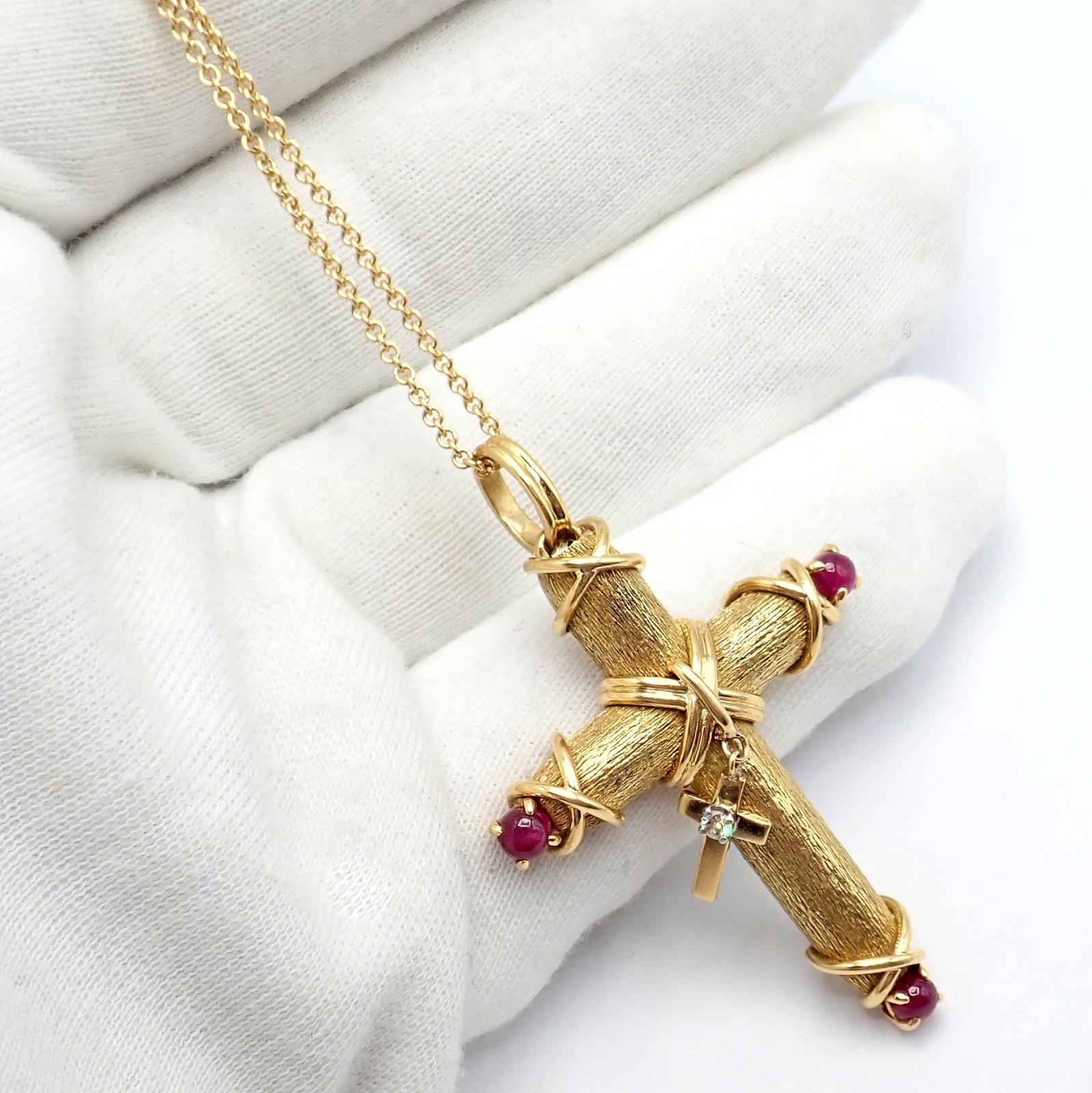 Tiffany & Co. Jean Schlumberger Ruby Diamond Cross Yellow Gold Pendant Necklace For Sale 5