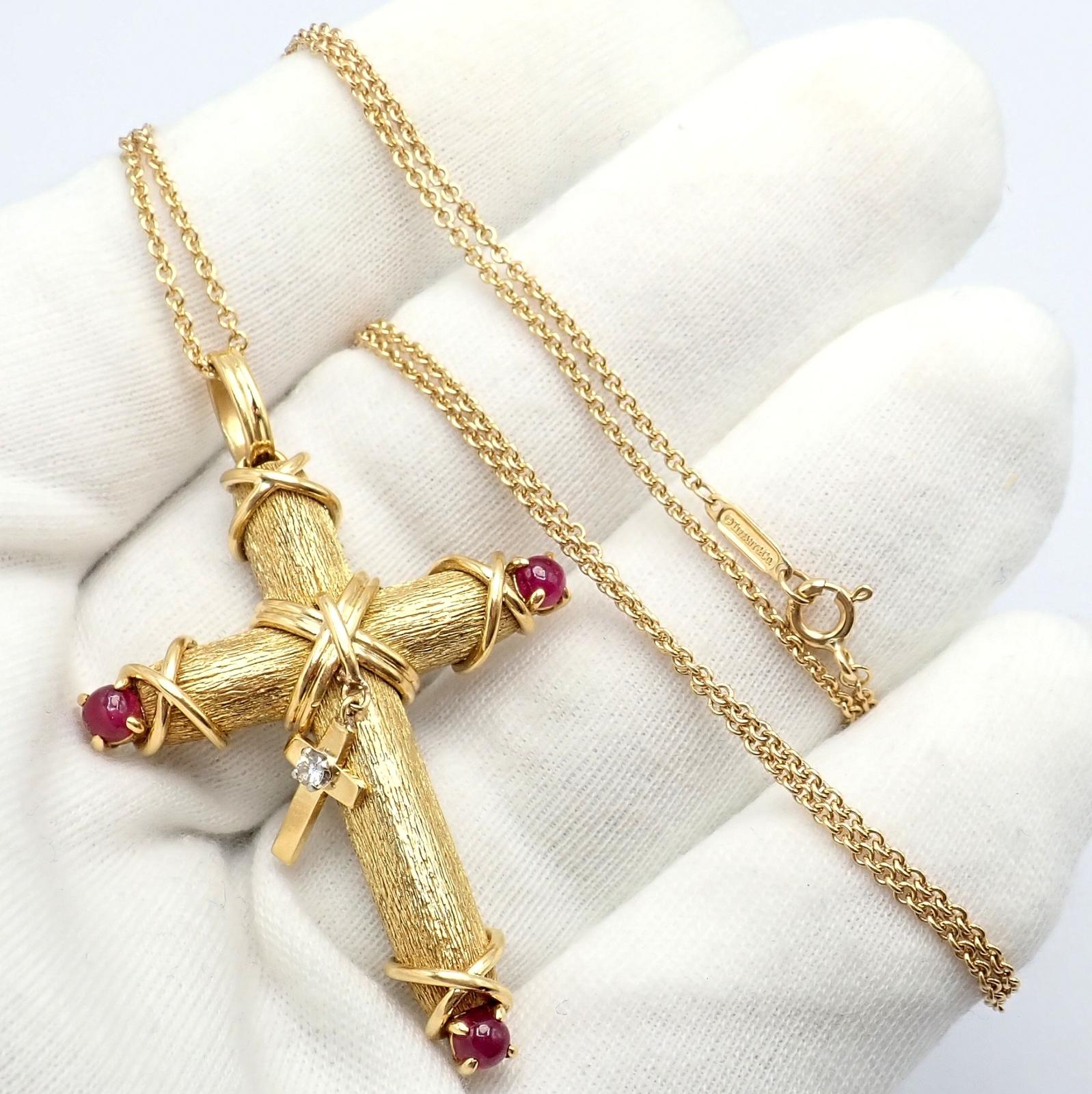 Tiffany & Co. Jean Schlumberger Ruby Diamond Cross Yellow Gold Pendant Necklace For Sale 6