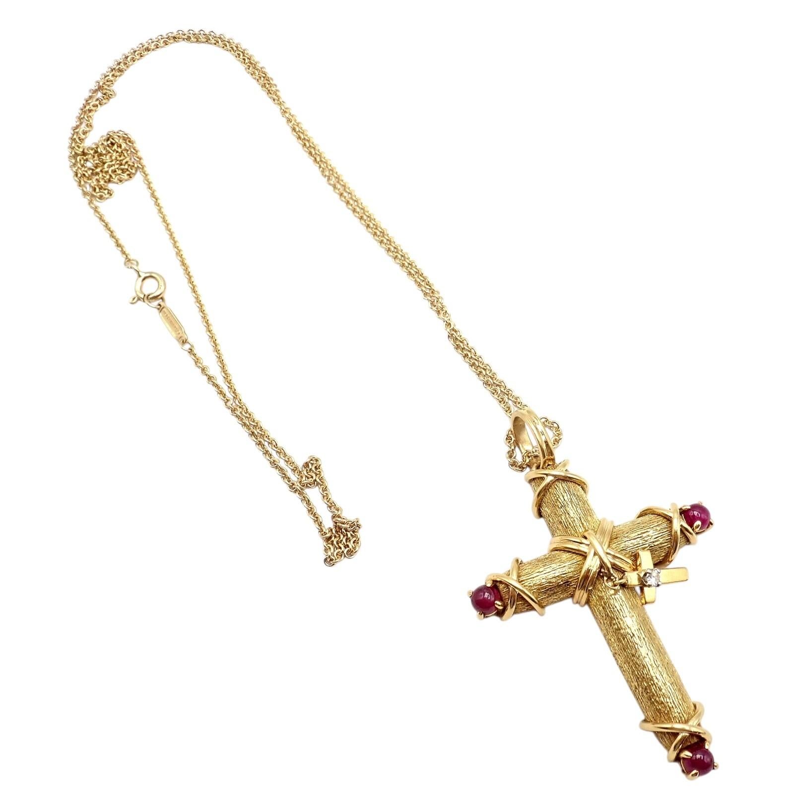 Tiffany & Co. Jean Schlumberger Ruby Diamond Cross Yellow Gold Pendant Necklace For Sale 7