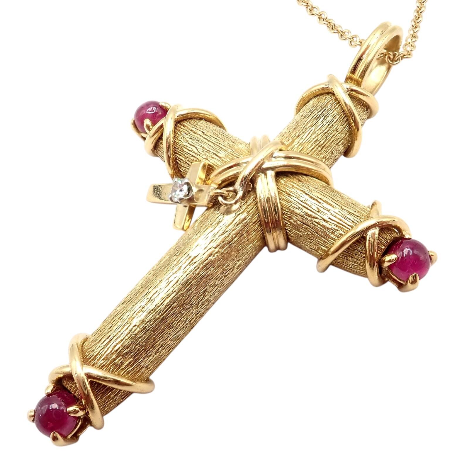 Tiffany & Co. Jean Schlumberger Ruby Diamond Cross Yellow Gold Pendant Necklace For Sale 9