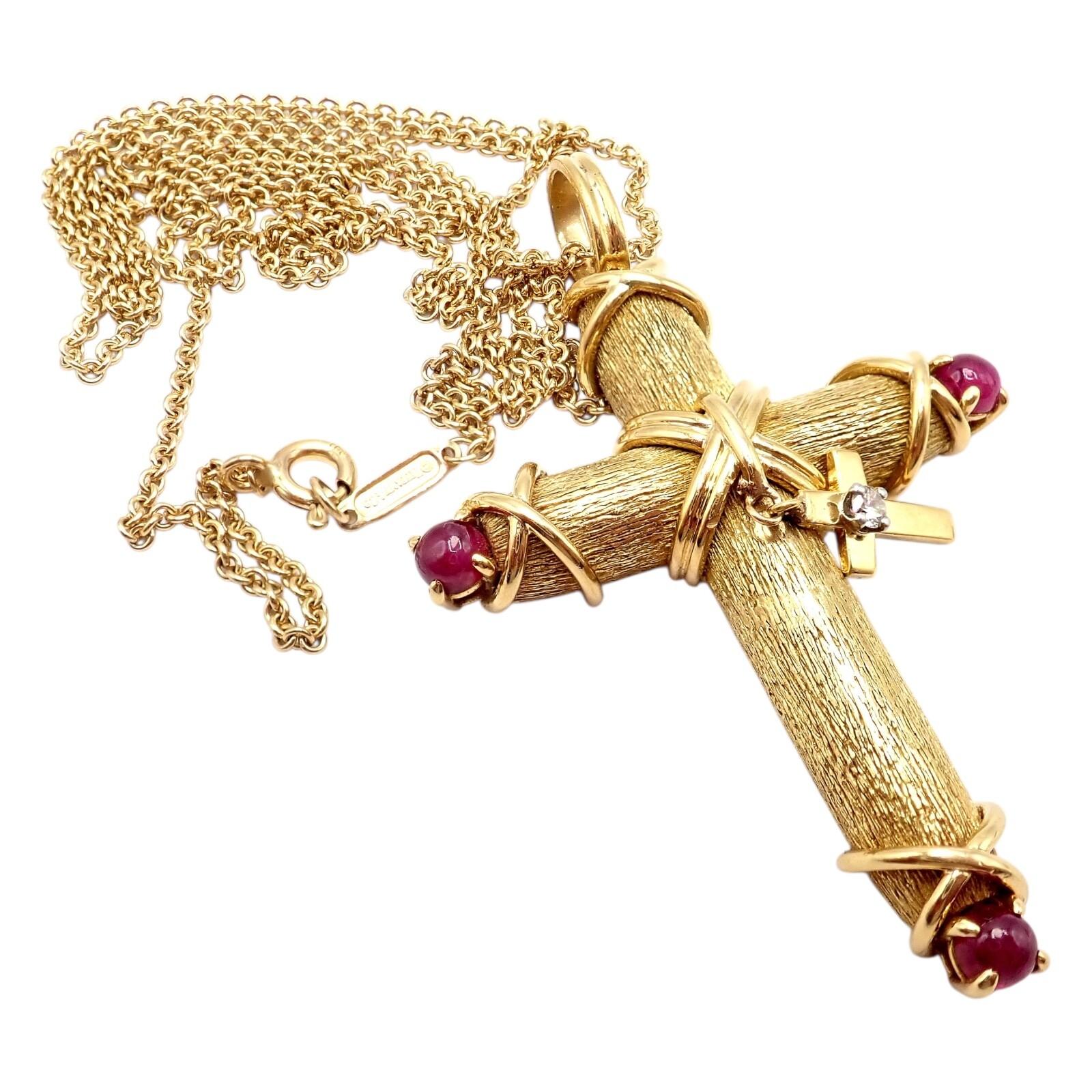 Tiffany & Co. Jean Schlumberger Ruby Diamond Cross Yellow Gold Pendant Necklace For Sale 10