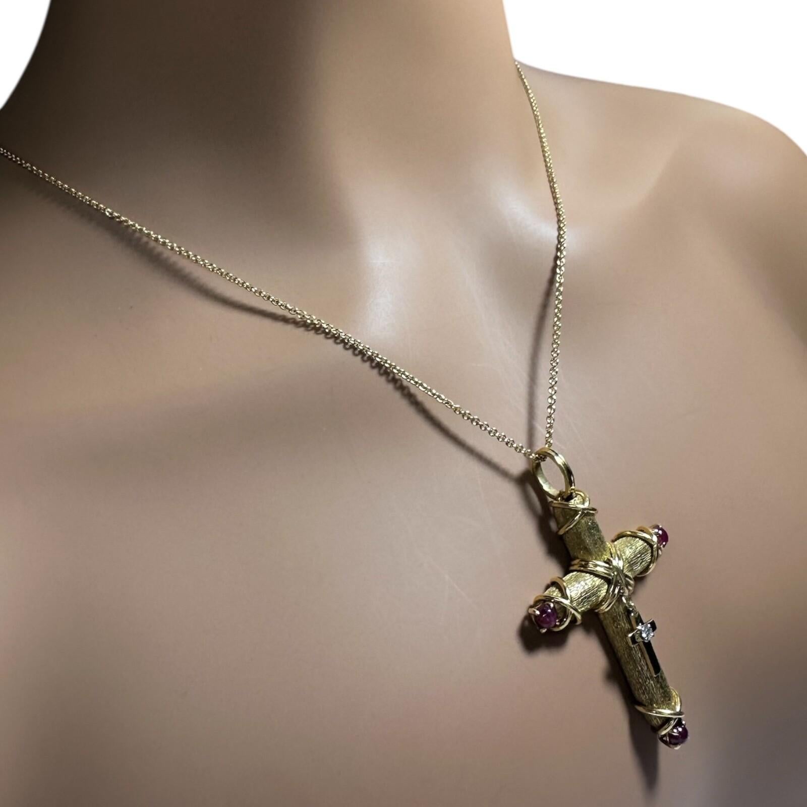 Tiffany & Co. Jean Schlumberger Ruby Diamond Cross Yellow Gold Pendant Necklace For Sale 11