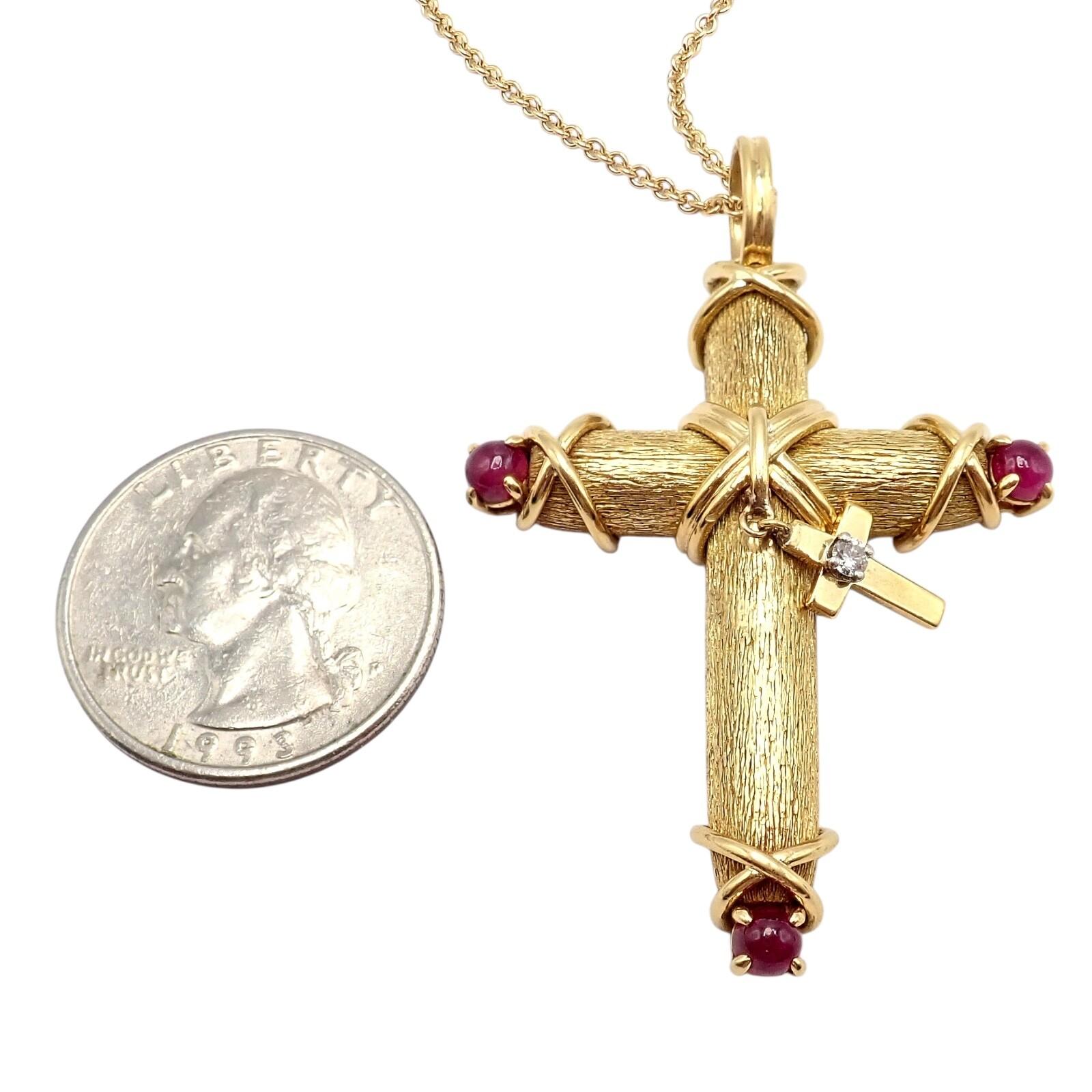 Cabochon Tiffany & Co. Jean Schlumberger Ruby Diamond Cross Yellow Gold Pendant Necklace For Sale