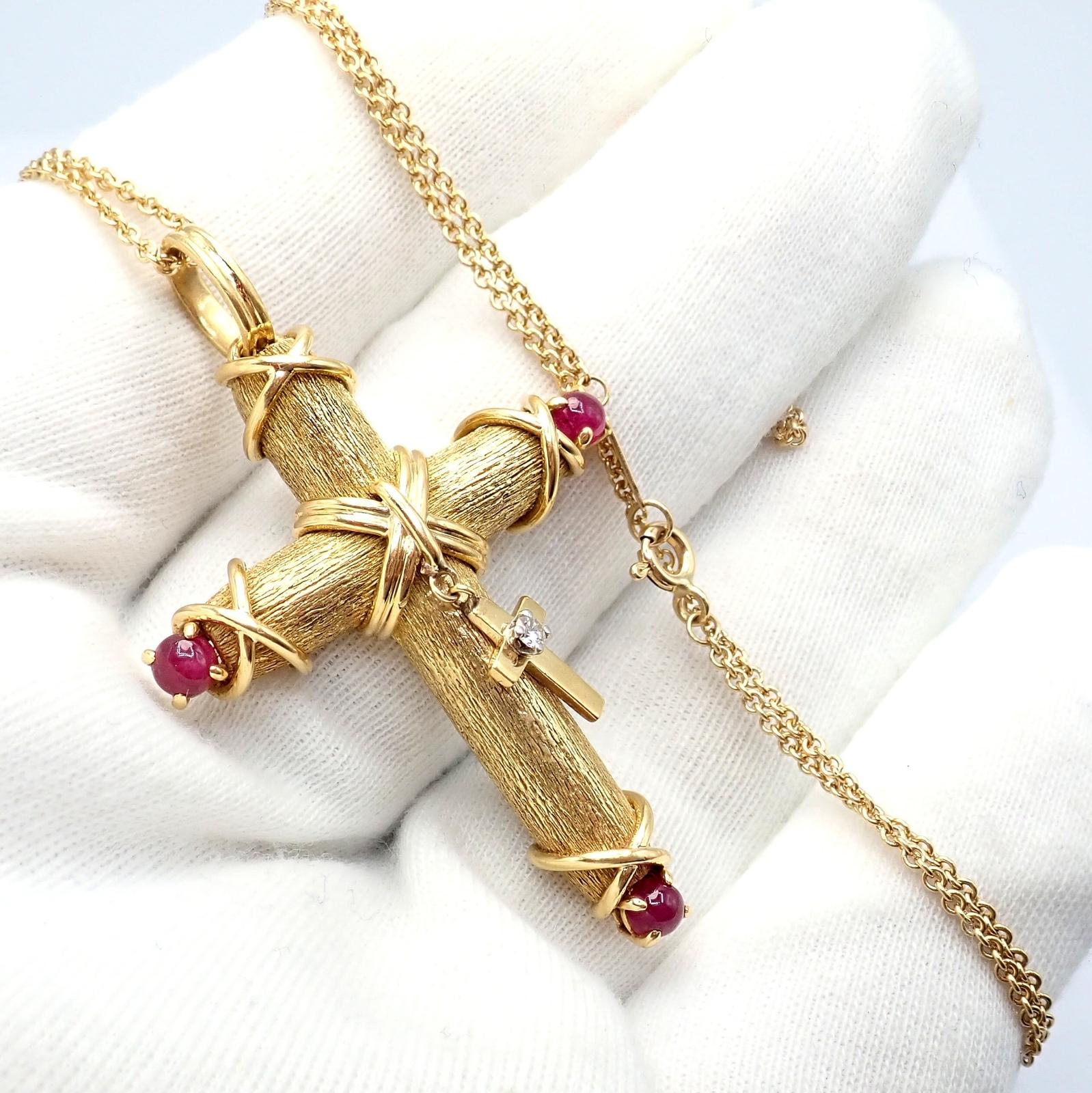 Tiffany & Co. Jean Schlumberger Ruby Diamond Cross Yellow Gold Pendant Necklace For Sale 4