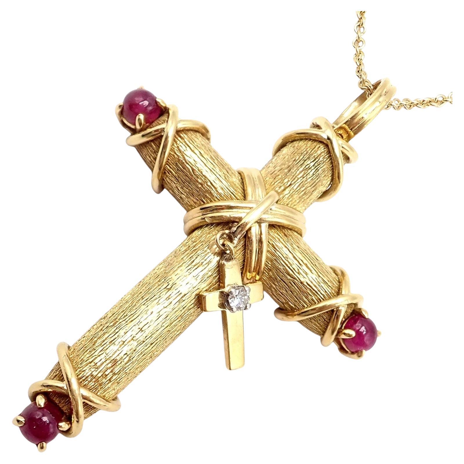 Tiffany & Co. Jean Schlumberger Ruby Diamond Cross Yellow Gold Pendant Necklace For Sale