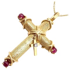 Tiffany & Co. Jean Schlumberger Ruby Diamond Cross Yellow Gold Pendant Necklace
