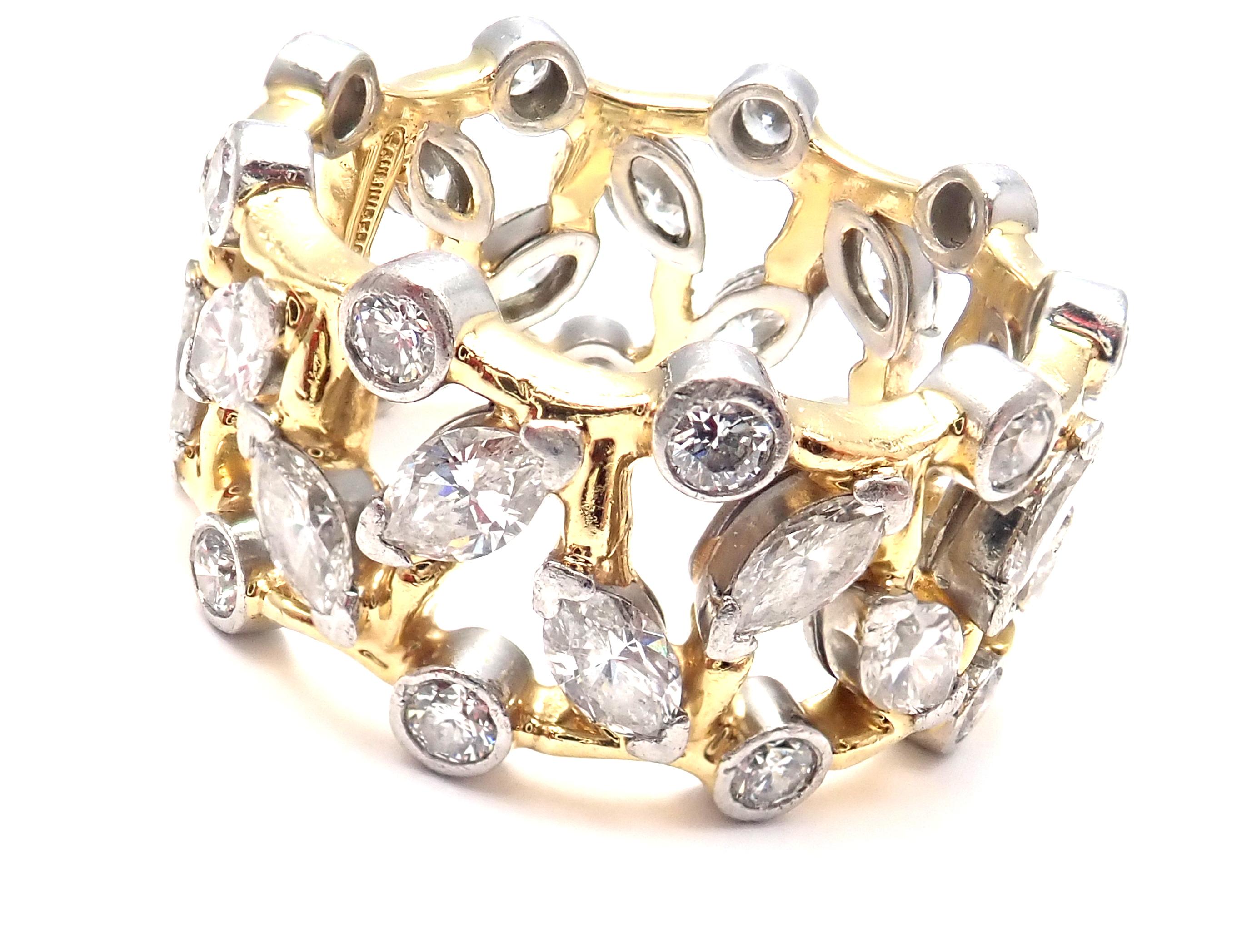 18k Yellow Gold & Platinum Diamond Vigne Jean Schlumberger Band Ring designed for Tiffany & Co. 
With Round brilliant cut diamonds VS1 clarity, E color total weight approximately .73ct
Marquee cut diamonds total weight approximately