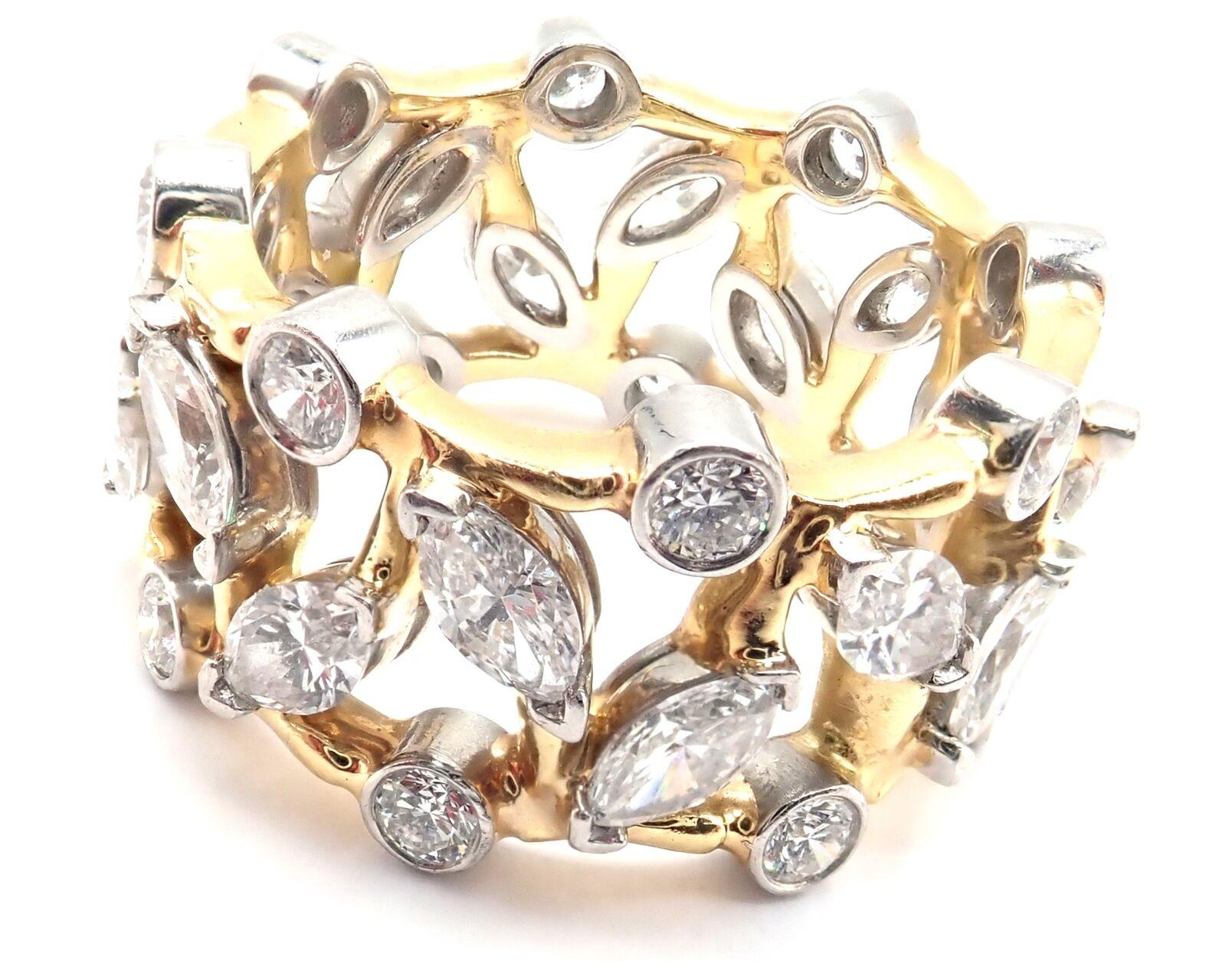 18k Yellow Gold & Platinum Diamond Vigne Jean Schlumberger Band Ring designed for Tiffany & Co. 
With Round brilliant cut diamonds VS1 clarity, E color total weight approximately .65ct
Marquee cut diamonds total weight approximately 2ct
Total