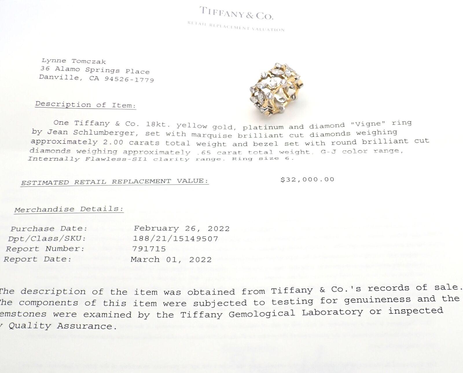 Tiffany & Co. Jean Schlumberger Vigne, bague jonc en or jaune et platine avec diamants en vente 1