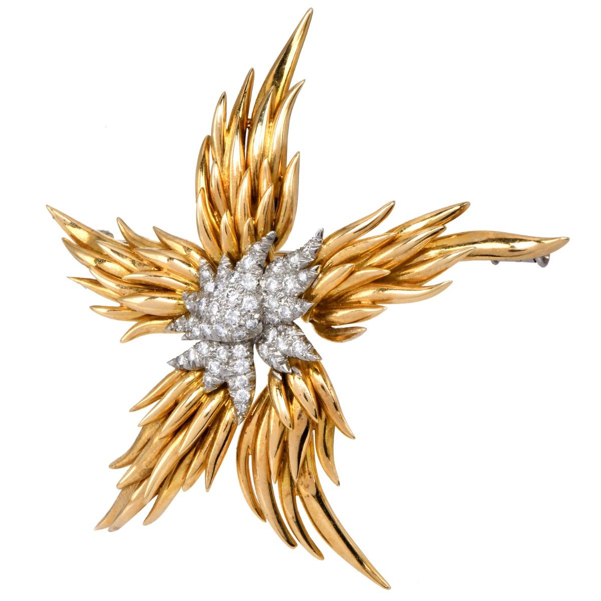 Retro Tiffany & Co Jean Schlumberger Vintage France Flames 18K Diamond Brooch For Sale