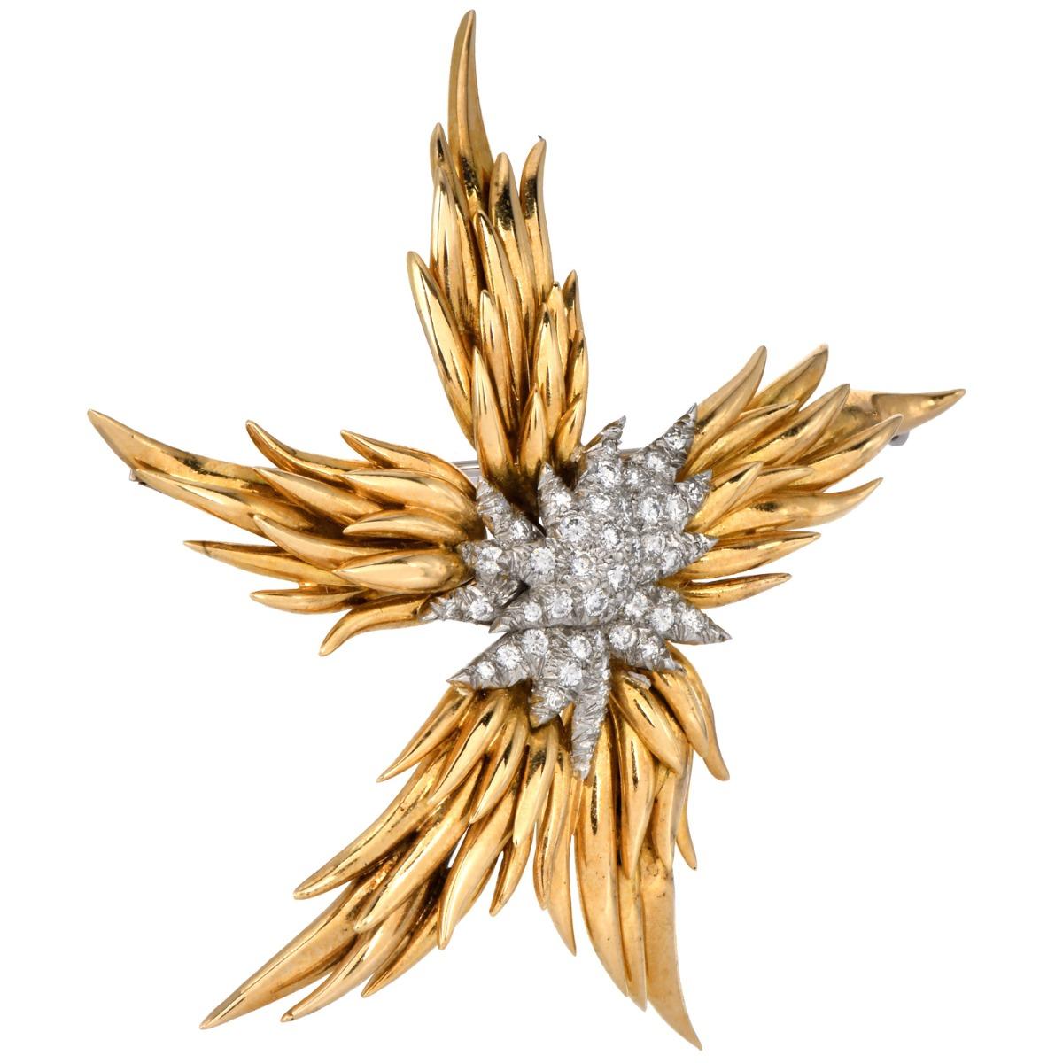 Tiffany & Co Jean Schlumberger Vintage France Flames 18K Diamond Brooch In Excellent Condition For Sale In Miami, FL