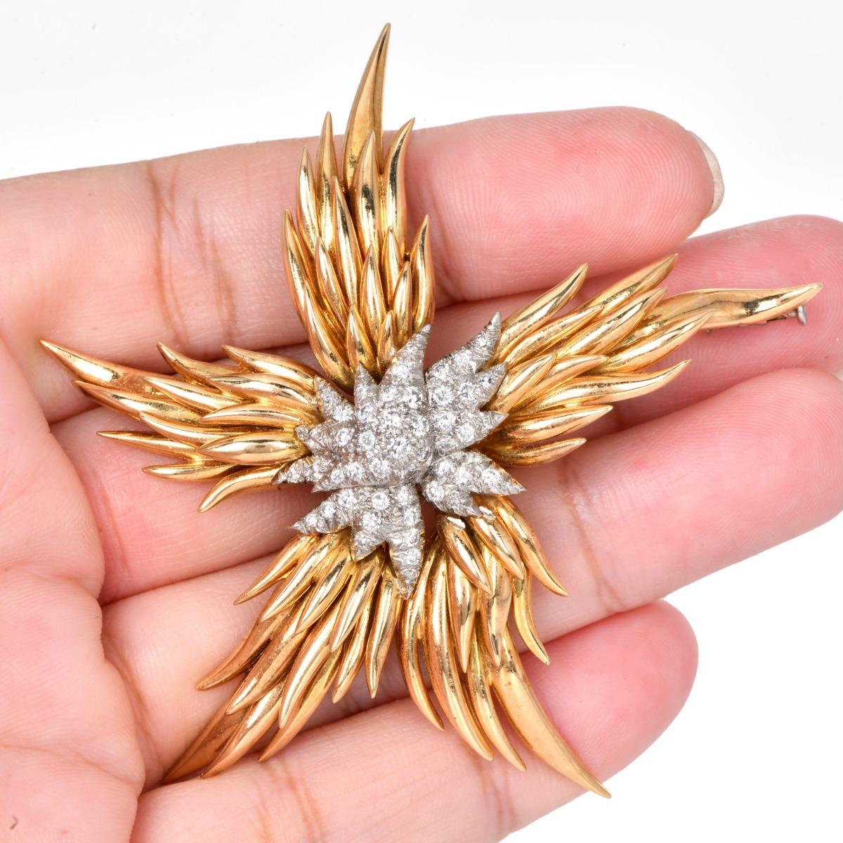 Tiffany & Co Jean Schlumberger Vintage France Flames 18K Diamond Brooch For Sale 1
