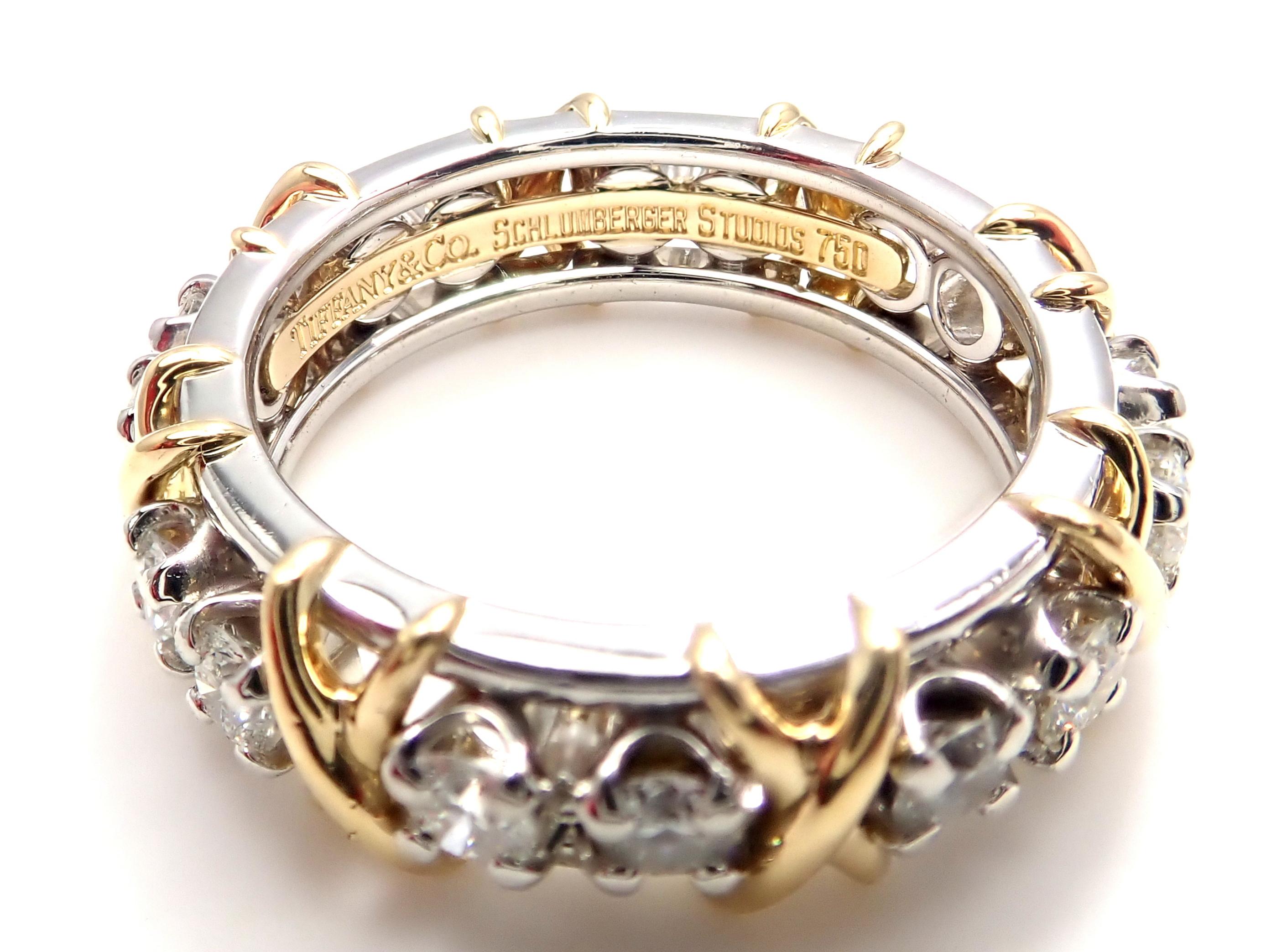 18k Yellow Gold & Platinum Diamond Jean Schlumberger Band Ring designed for Tiffany & Co. 
With 16 Round Brilliant Cut Diamonds VS1 clarity, G color, Total weight Approx 1.14ct
This ring comes with Tiffany & Co box.
Details:
Ring Size: 7
Weight: