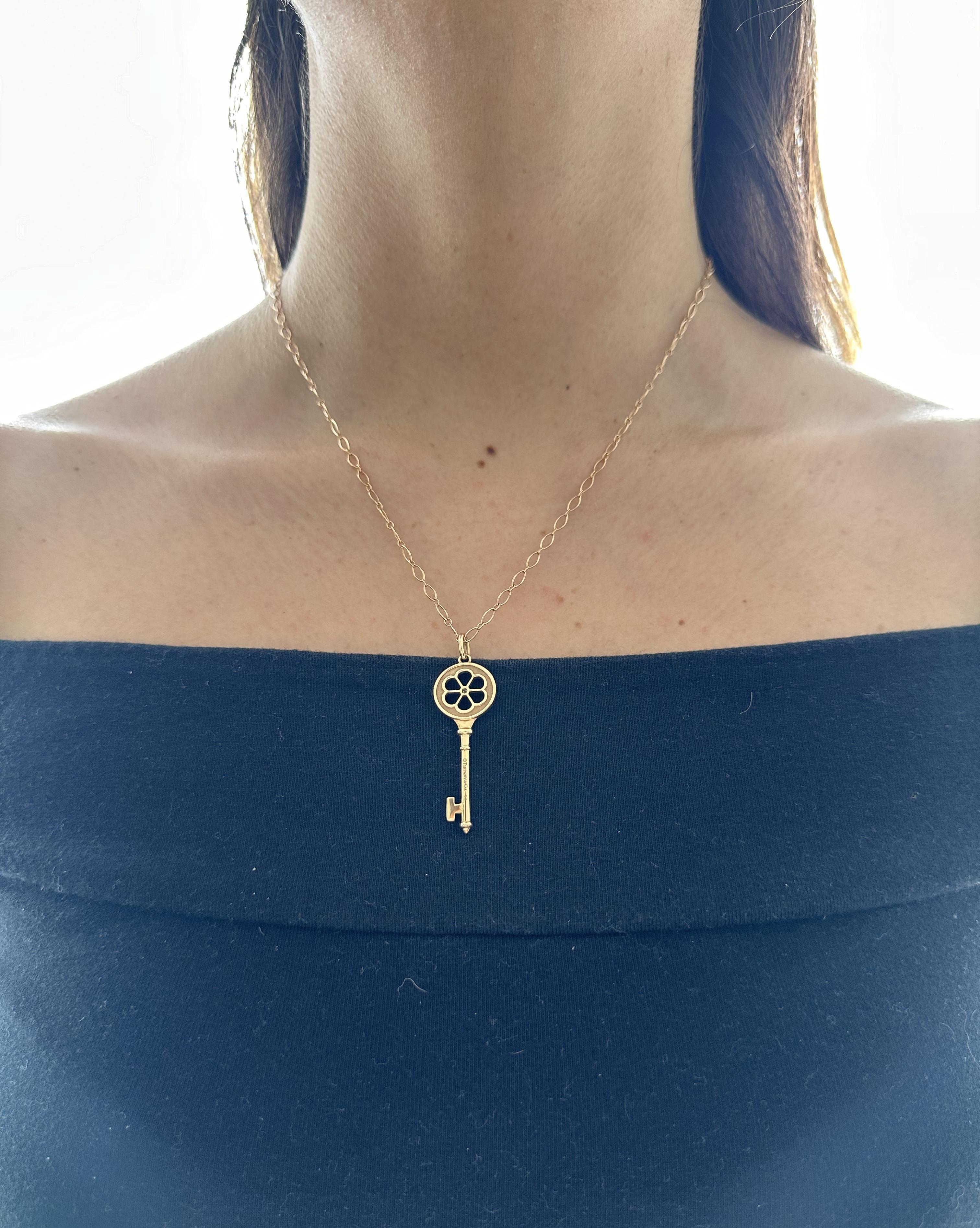 Scopri un mondo di eleganza e raffinatezza con il Tiffany & Co. Collana con ciondolo a forma di chiave, realizzata in oro rosa 18k e impreziosita da un affascinante diamante a taglio Brilliante. Questa collana è una vera e propria incarnazione del