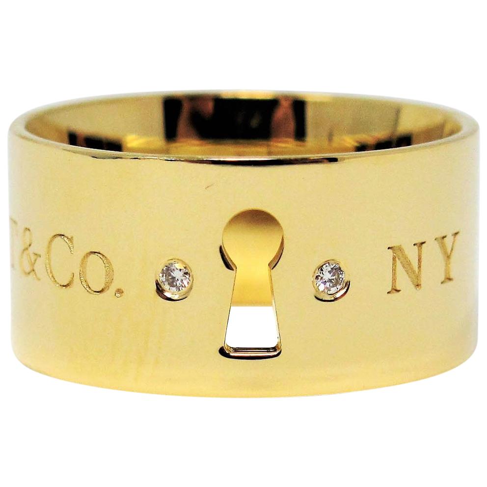 Tiffany & Co. Keyhole 18 Karat Yellow Gold Wide Band Ring with Diamonds
