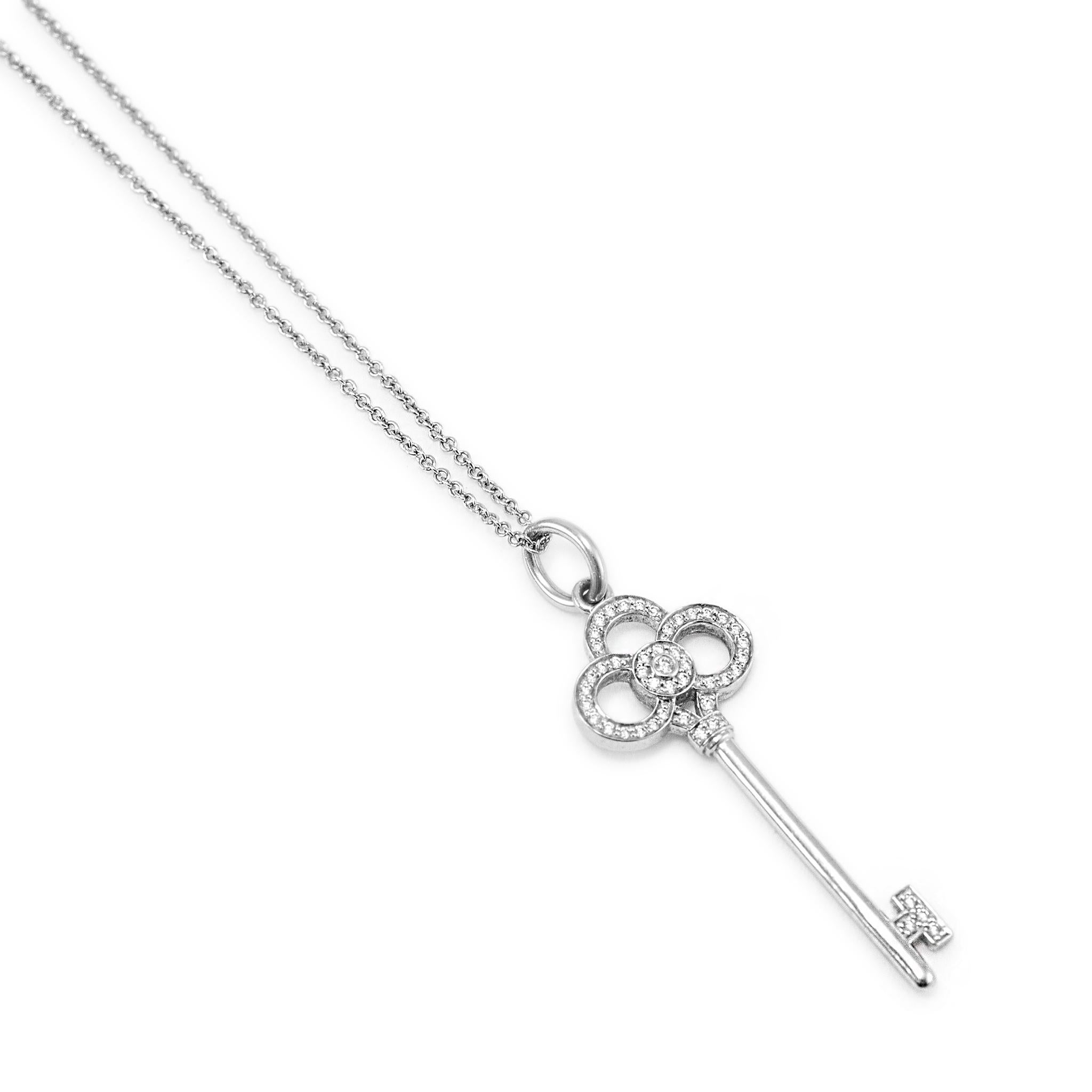 Brand: Tiffany & Co.

Gender: Ladies

Chain Length: 18.00 inches

Pendant Length: 1.50 inches

Chain width: 1.20 mm

Pendant Width: 13.35 mm

Total Weight: 4.48 grams 

One 18K white gold single-strand diamond necklace. The metal was tested and