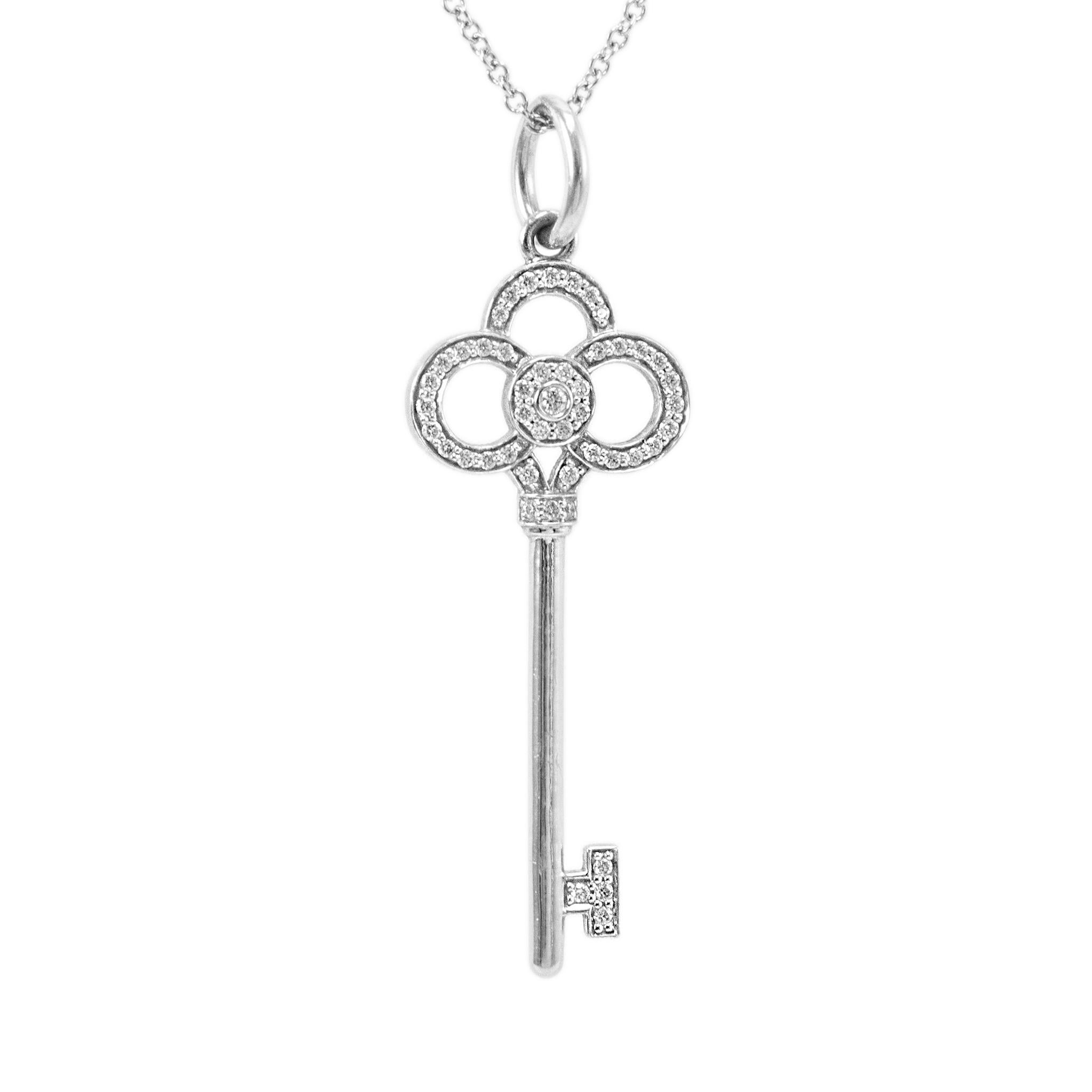 Round Cut Tiffany & Co. Keys 18K White Gold Pave Diamond Mini Crown Key Pendant Necklace For Sale