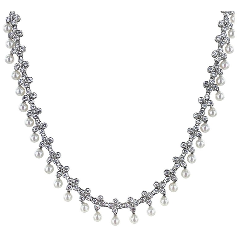 Tiffany and Co. Lace Diamond Pearl Drop Platinum Collar Necklace at 1stDibs