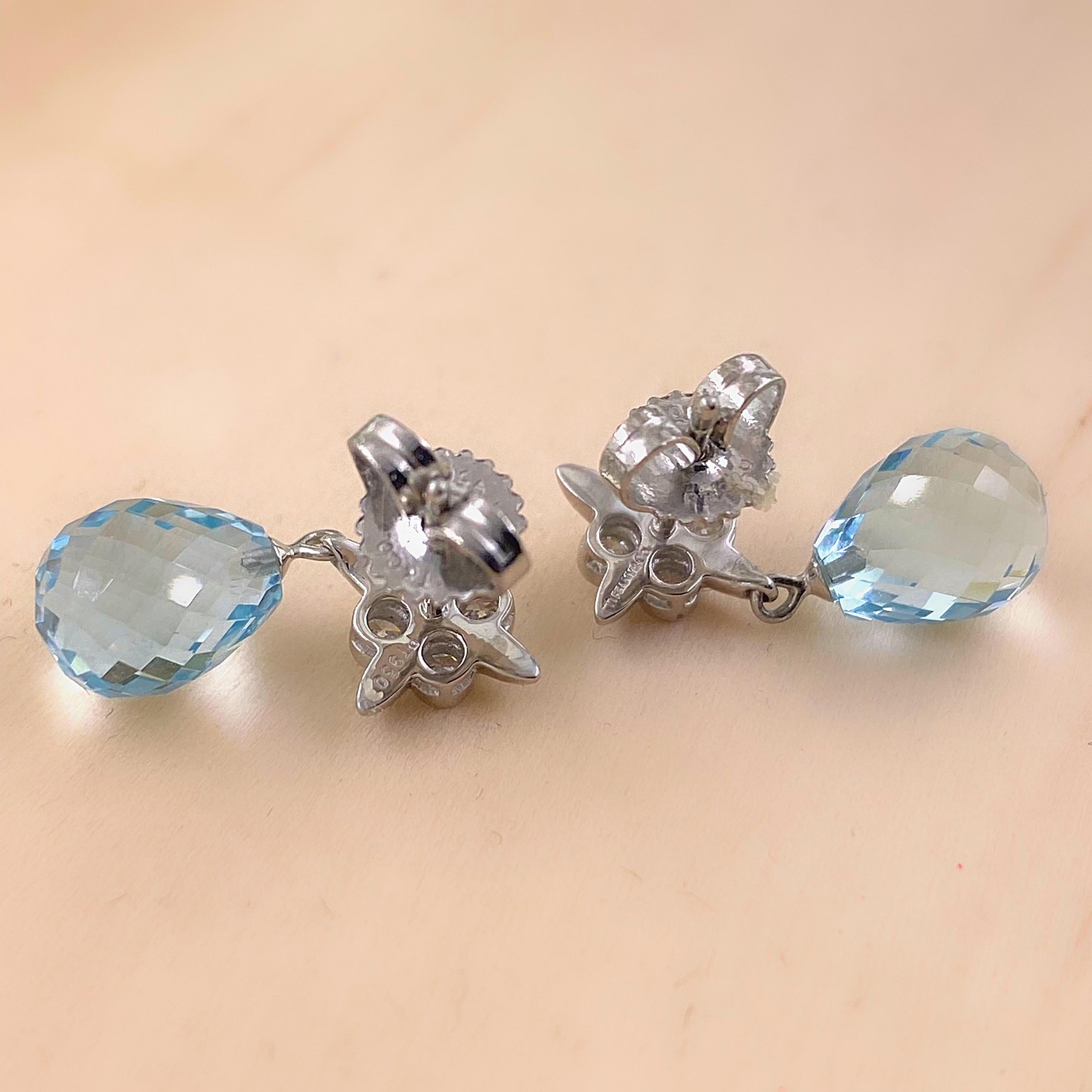 Women's or Men's Tiffany & Co Lace Round Diamond & Aquamarine Briolette Drop Earrings Platinum