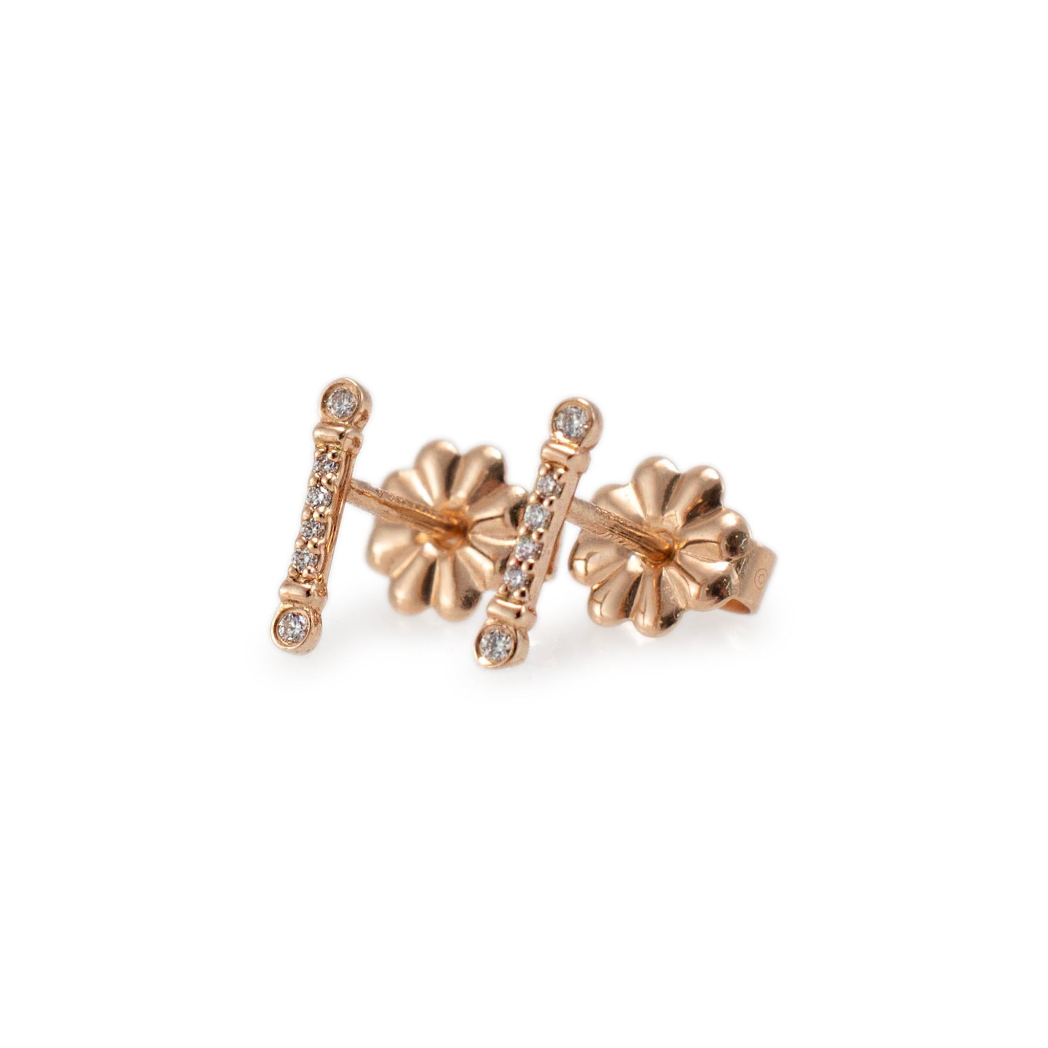 Round Cut Tiffany & Co. Ladies 18K Rose Gold Fleur de Key Bar Diamond Stud Earrings