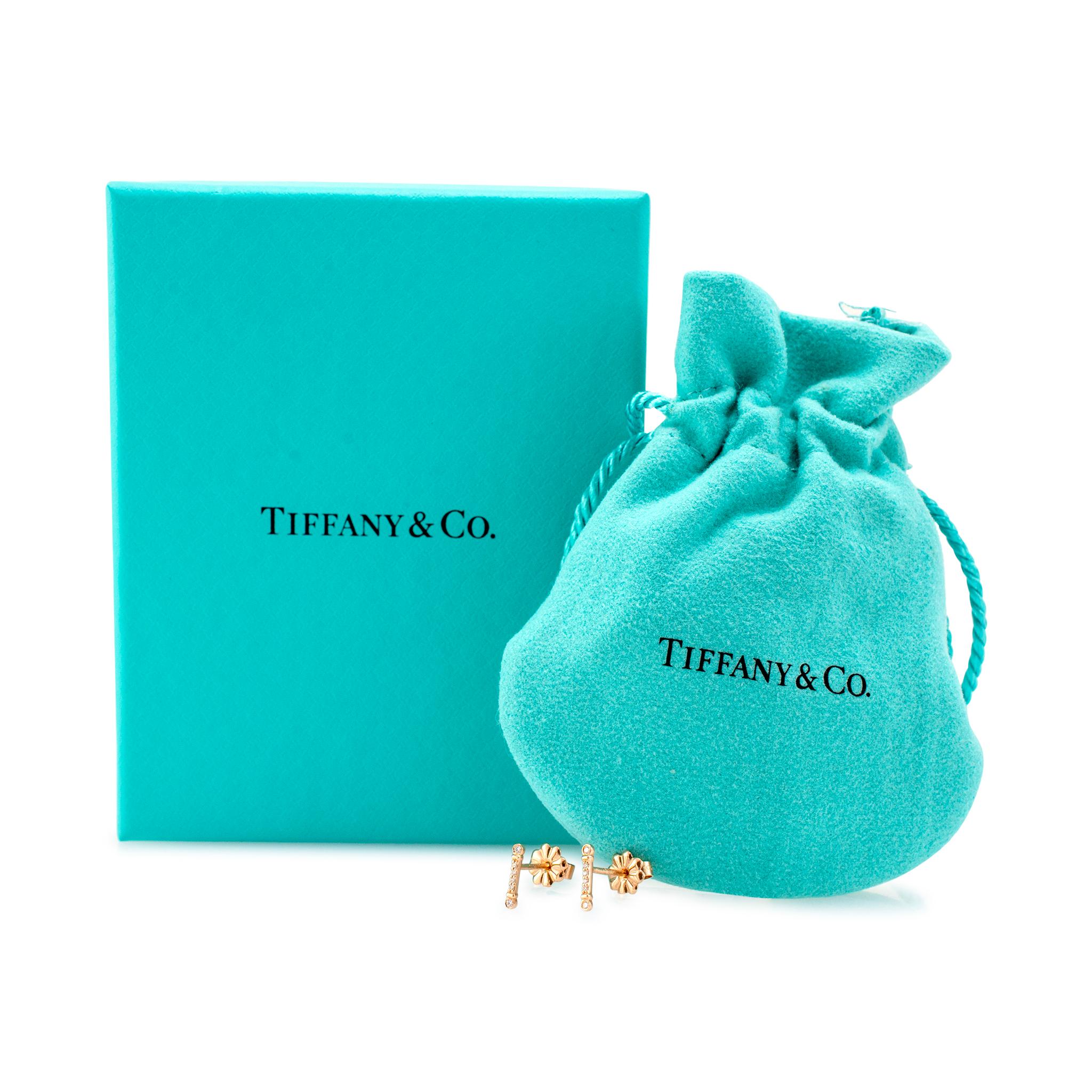 Tiffany & Co. Ladies 18K Rose Gold Fleur de Key Bar Diamond Stud Earrings 4