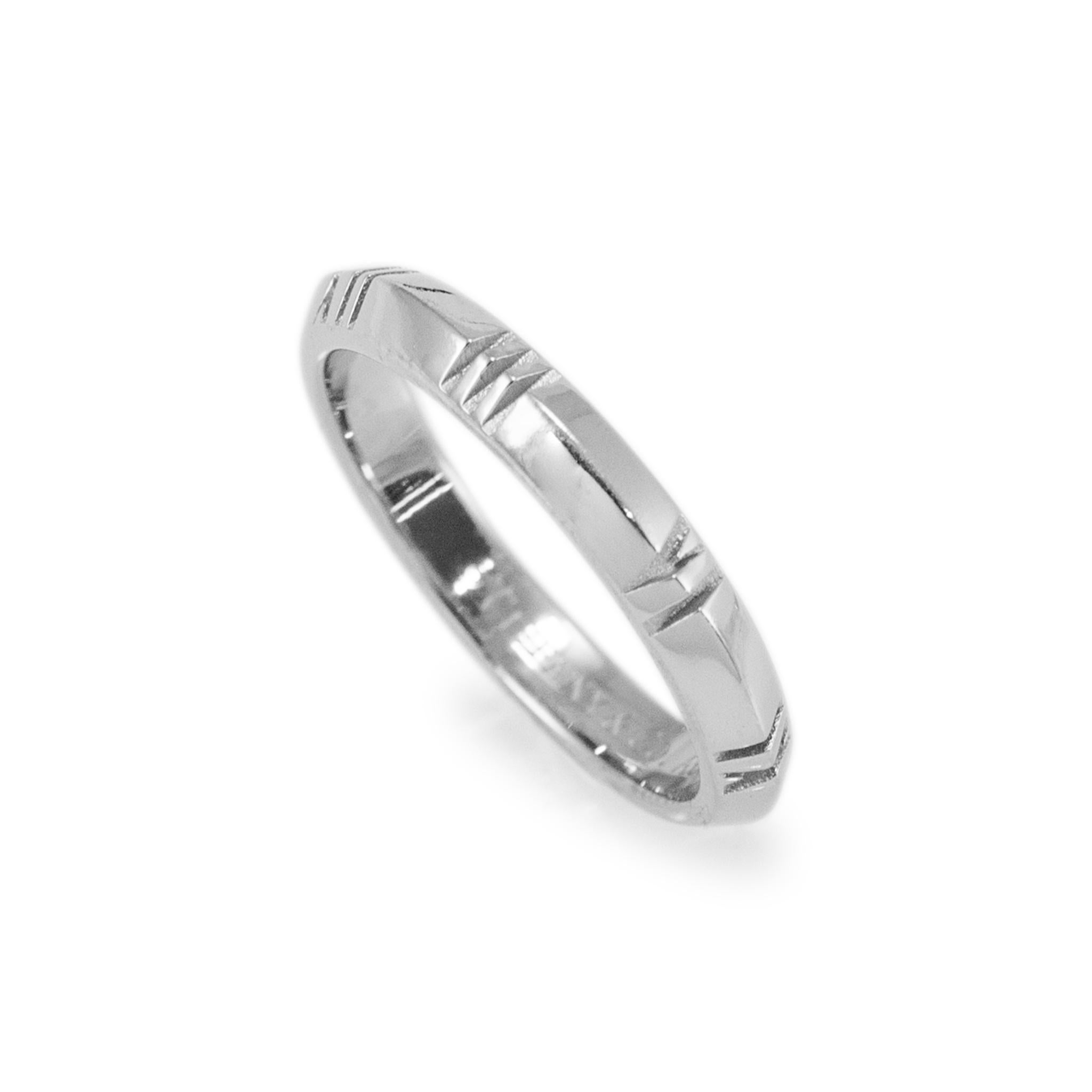 Brand: Tiffany & Co.

Gender: Ladies

Metal Type: 18K White Gold

Ring Size: 6

Width: 3.00 mm

Weight: 3.68 grams

Ladies 18K white gold band with a soft-square shank. The metal was tested and determined to be 18K white gold. Engraved with 