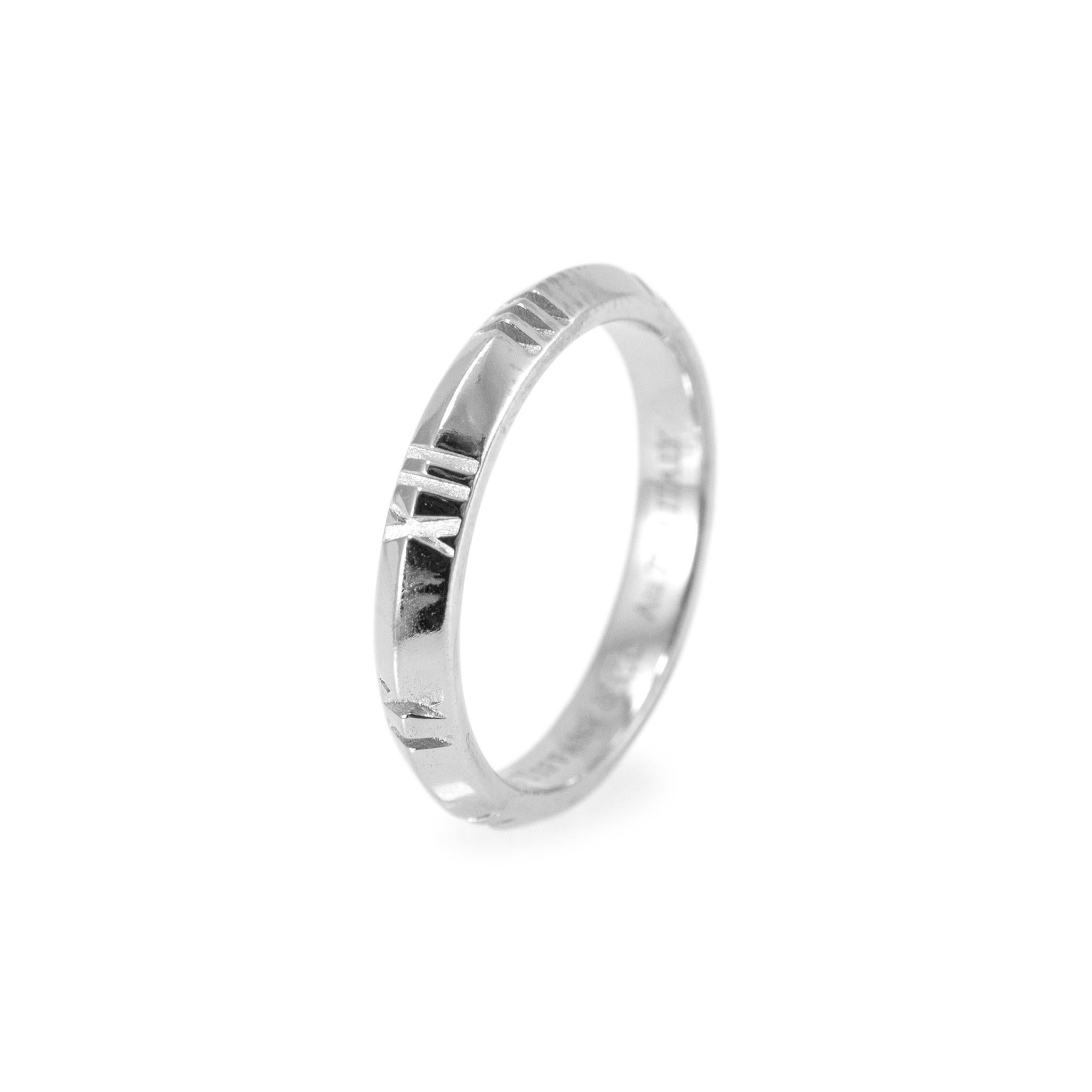 Tiffany & Co. Ladies 18K White Gold Atlas X Closed Narrow Band Ring In Excellent Condition For Sale In Houston, TX
