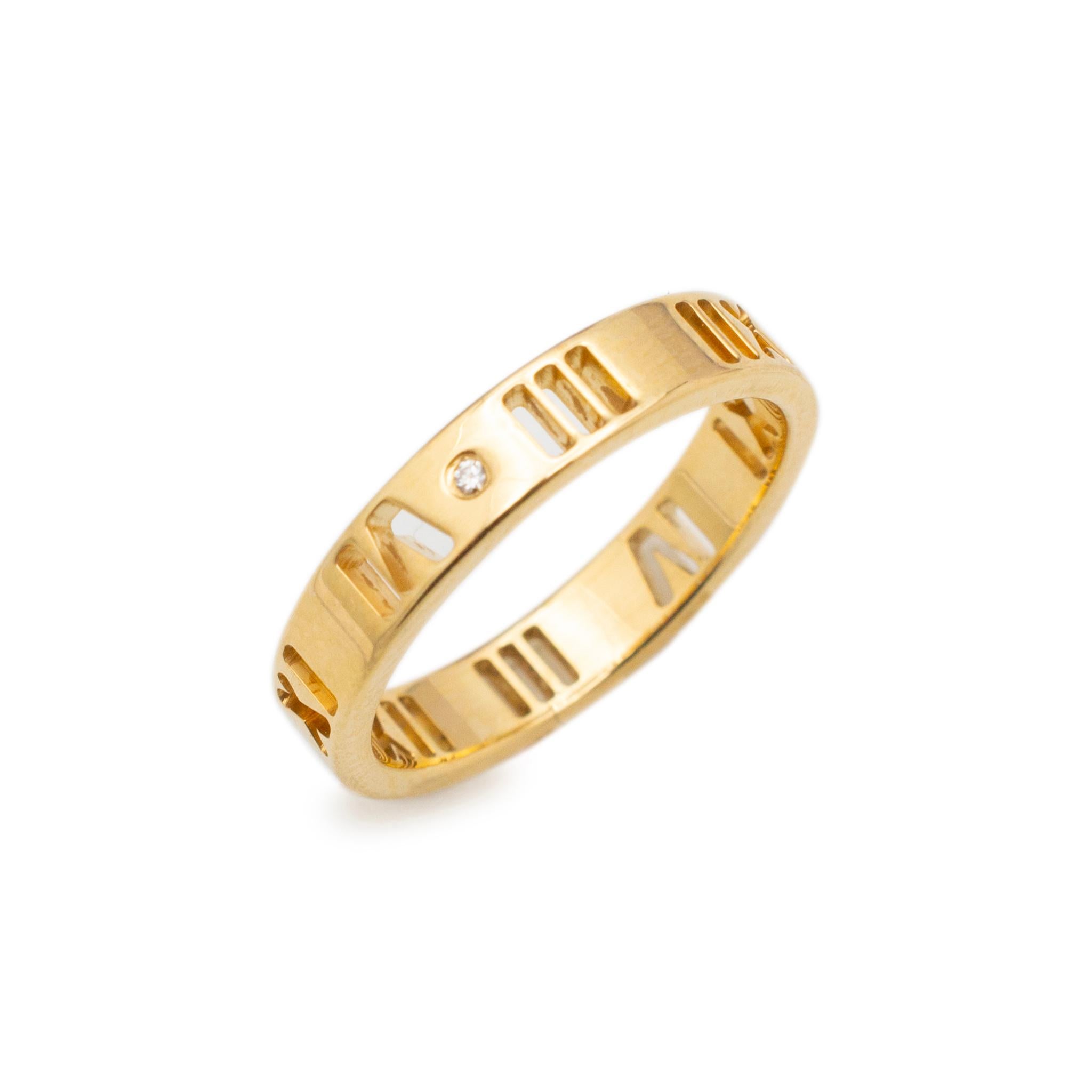 Brand: Tiffany & Co.

Gender: Ladies

Metal Type: 18K Yellow Gold

Size: 5

Width: 3.60 mm

Weight: 3.00 grams

Ladies 18K yellow gold diamond wedding band with a soft-square shank. Engraved with 