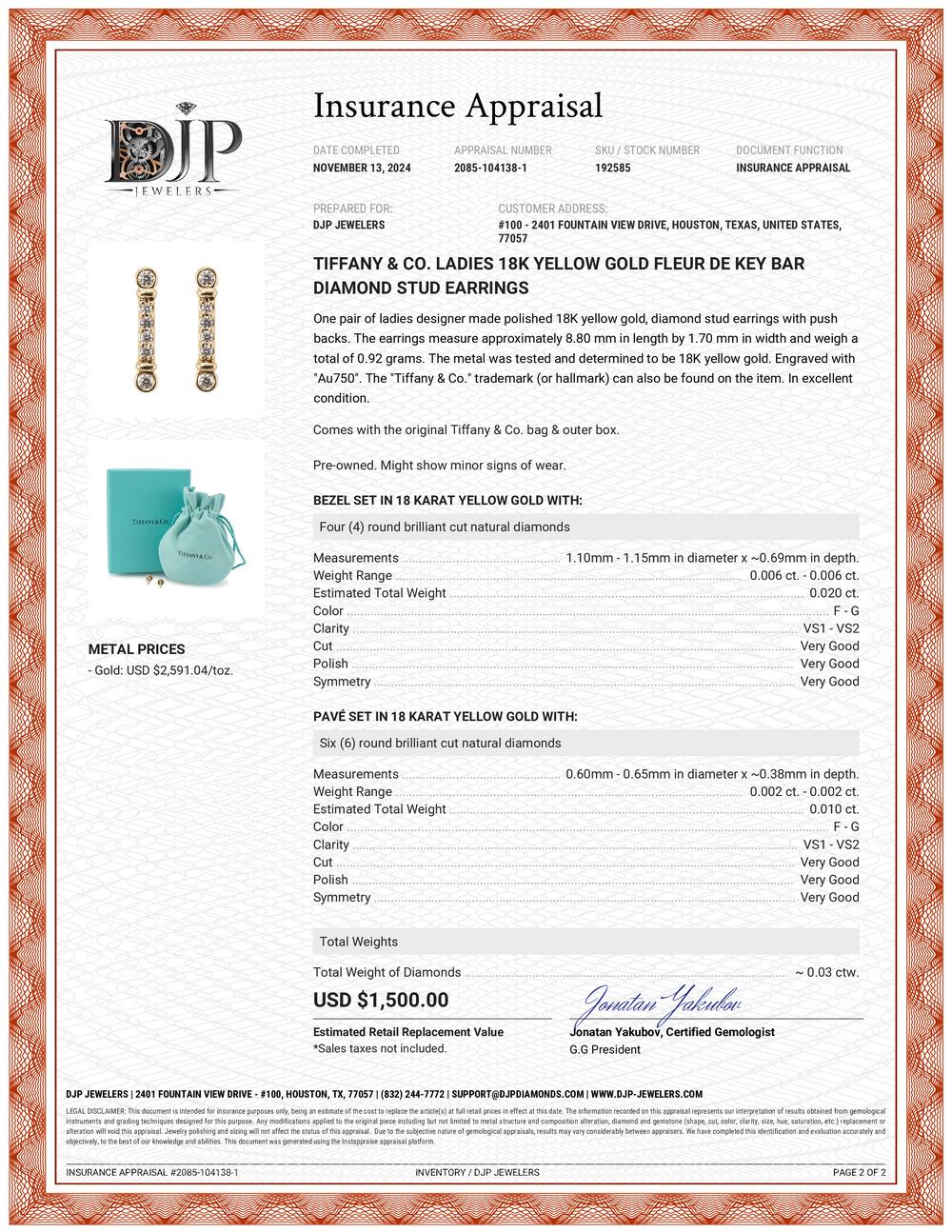 Tiffany & Co. Damen 18 Karat Gelbgold Fleur de Key Bar Diamant-Ohrstecker 4